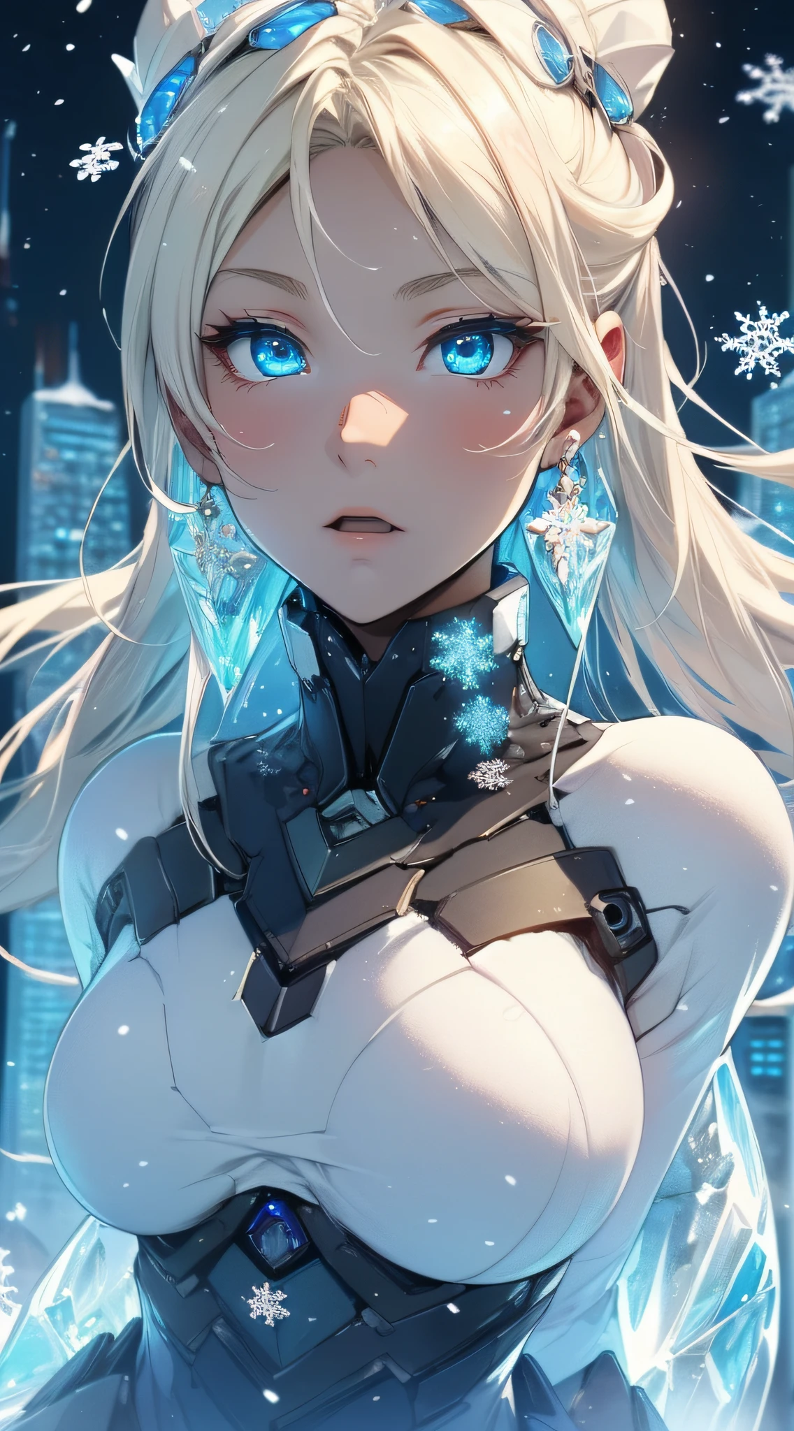 top-quality、Top image quality、​masterpiece、Android Girl((blue mechanic body、、teen ager、White Ml Body、Best Bust、big bast,Beautiful light blue eyes、Breasts wide open, a blond、A slender,Large valleys、dye one's cheeks red、Leaning forward、There is a blade of ice、White breath、floating ice gun)),hiquality、Beautiful Art、Background with((Fantastic world、Ice Burn City at night、snowflakes falling、Heavy snow falls、snowman、ice tower)))、masutepiece、depth of fields,