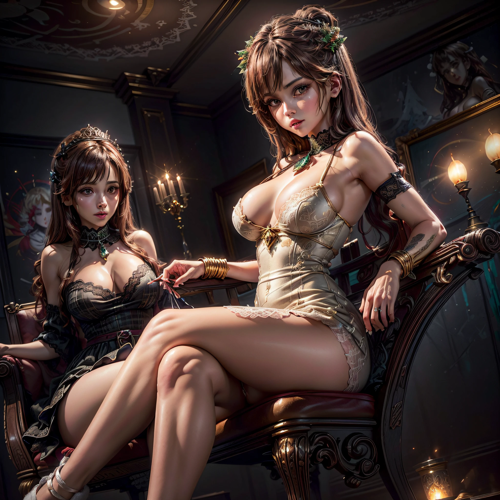 (2girls:1.5), Princess, Long hair, Passionate, (extremely detailed beautiful face), (Beautiful girl in princess dress:1.5), (Lace dress:1.4), Amazing face and eyes, (The sexiest look), (Best Quality:1.4), (hyper quality), (Ultra-detailed), (extremely detailed CG unified 8k wallpaper), Highly detailed, RAW Photos, Professional Photography, Sitting, (Luxurious living room with pictures of girls' sexy boobs on the walls:1.4), (Golden Chair, Golden ornaments, Dazzling brilliance:1.2), Luxurious, Gorgeous, secret, Sexy Shots, Magnificent, great, transcendental scale, sense of freedom, Exposing, (Christmas tree, Christmas Lights, christmas lights, Christmas Ornaments), famous sexy movie scenes,