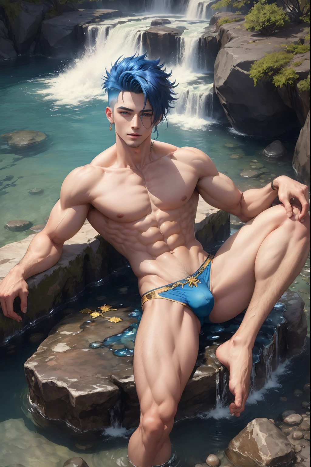 ((best quality)), ((masterpiece)), (detailed), A hot male posing on top of a waterfall with golden piercings, his hair is blue, and his eyes are red, beautiful body, in transparent underwear, full body shot, cinematic, 8k