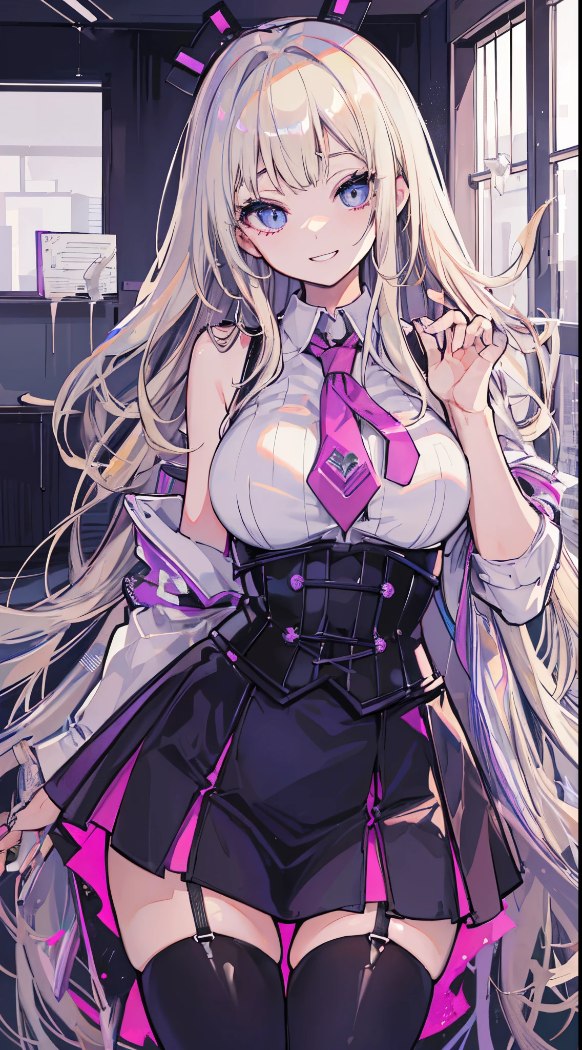 top-quality、realistic touch,high-detail、photoRealstic、High class、Long body、captive beauty、big eye、Strong platinum blonde eyelashes、platinum-blonde、full body Esbian、Sparkling eyes、Submissive smile、Flushed cheeks、Kamimei、thin-waist、Voluptuous thighs、Enraptured look、Raked bangs、The forehead is protruding、sleeveless、High school students in uniform 、The skirt is very short and transparent、No cleavage exposed、fuge sideboob、high school uniform with tie、A corset that emphasizes your breasts、Inside a futuristic classroom、 armband、knee sox