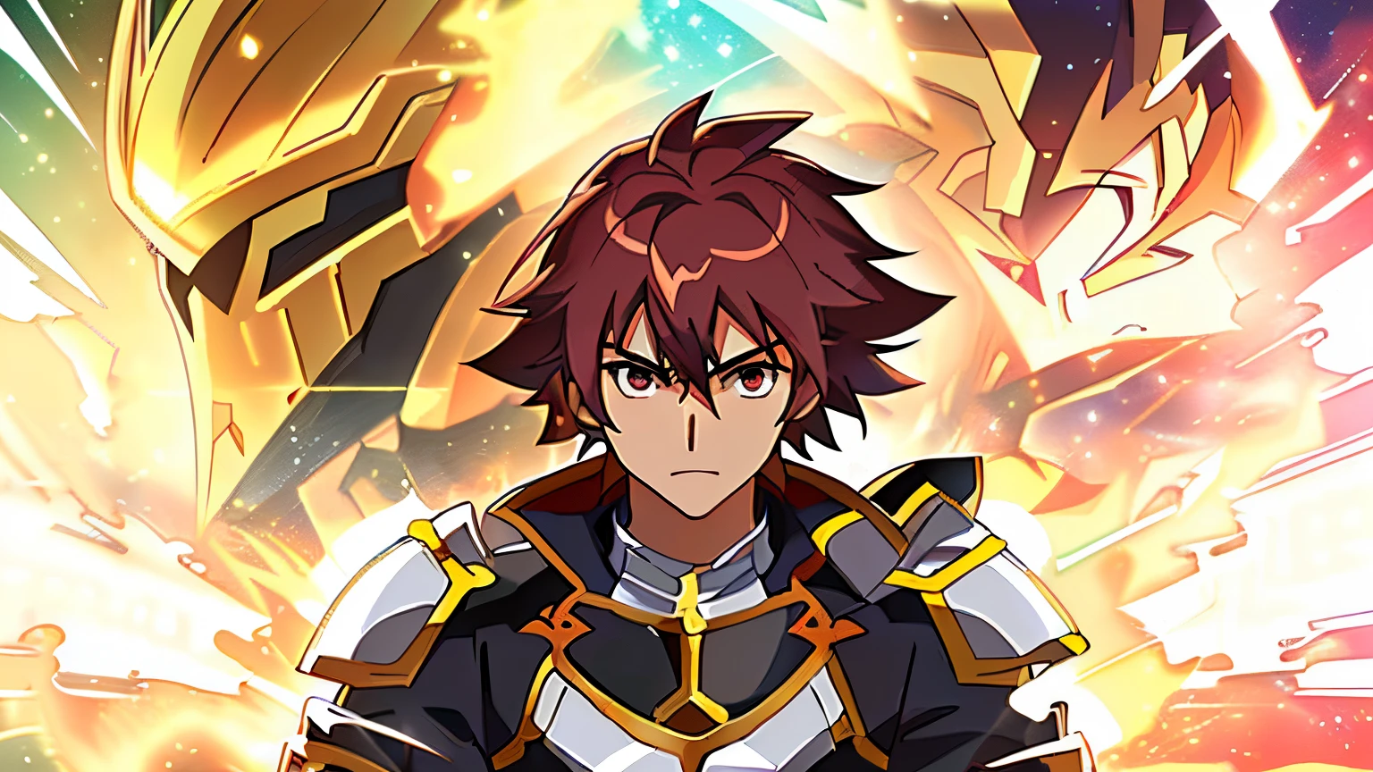 Close up portrait of man in black bikini costume holding sword, Knight of Zodiac Boy, Portrait Knight of Zodiac Boy, Boy with short red hair, Boy with brown eyes, Muscular men, masculine and muscular, In garnet armor, Bikini Armor Boy, Boy in belly button costume, Enchanting Prince Night, Smooth Anime CG Art, Prince Knight, Galactic Prince, big muscle, Prince of Garnet, Garnet reflective armor, Crystal Garnet Armor, digital manga art, High quality anime art style,