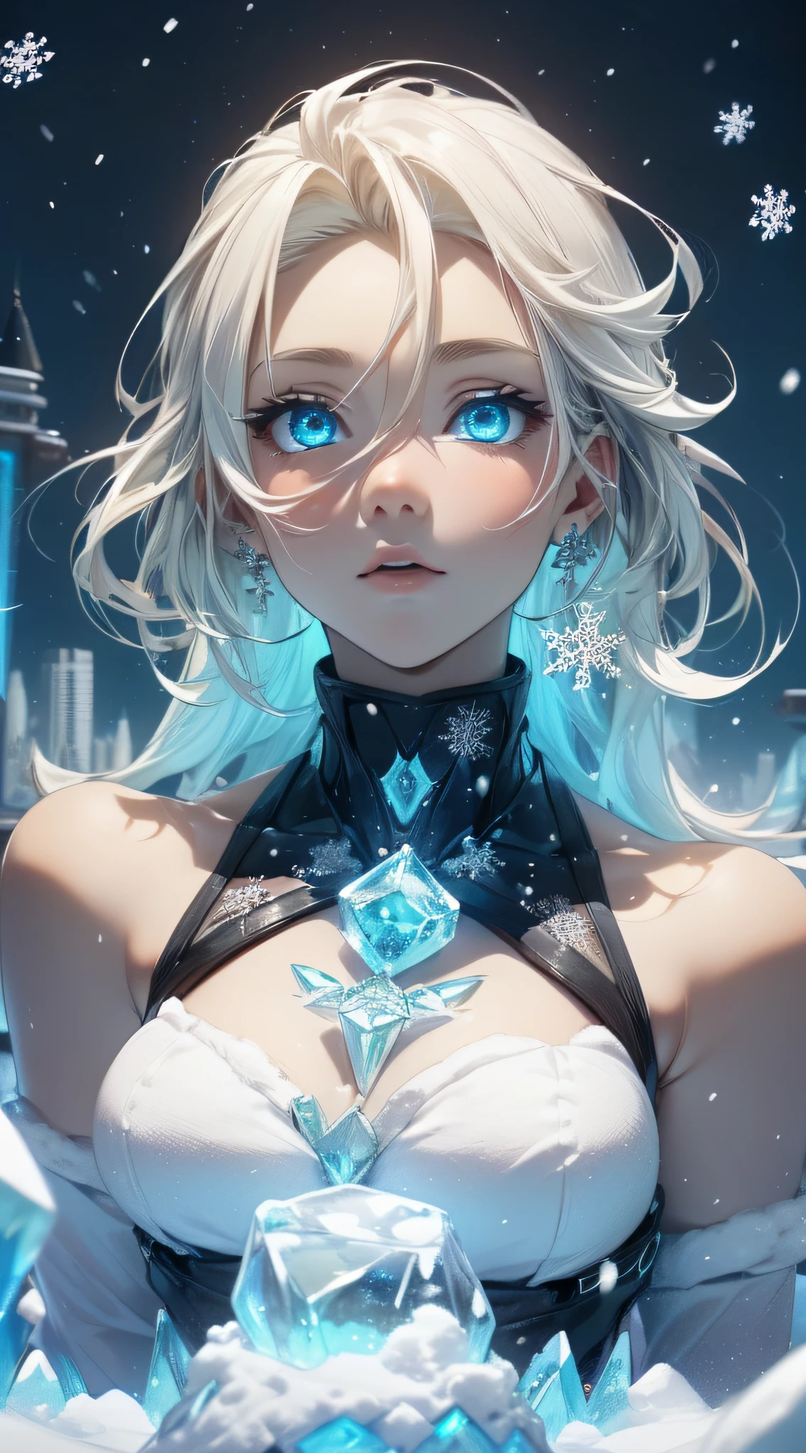 top-quality、Top image quality、​masterpiece、Android Girl((blue mechanic body、sixteen years old、teen ager、White Mechanical Body、Best Bust、big bast,Beautiful light blue eyes、Breasts wide open, a blond、A slender,Large valleys、dye one's cheeks red、Leaning forward、has an ice blade、White breath、I have an ice gun、Reflecting the whole body)),hiquality、Beautiful Art、Background with((Fantastic world、Ice Burn City at night、snowflakes falling、Heavy snow falls、snowman、ice tower)))、masutepiece、depth of fields,