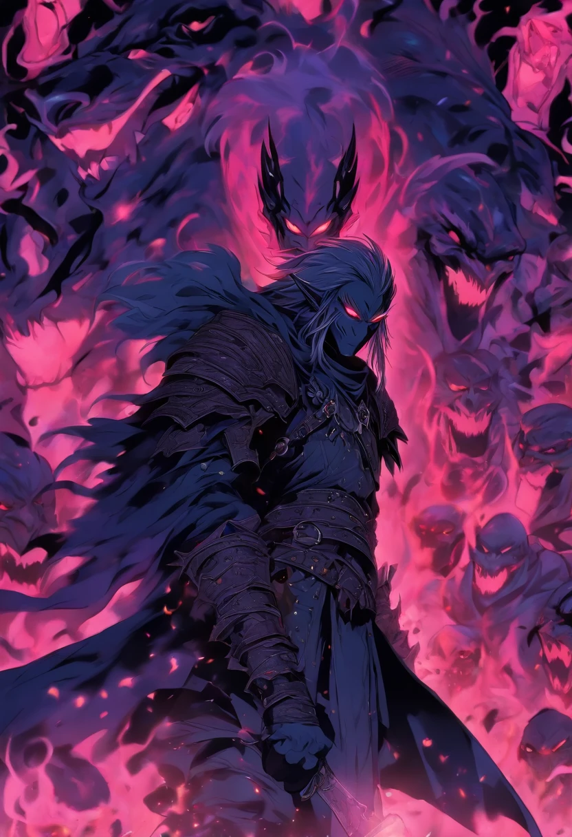 Black and long drow, swindler, Has chain mail, Fighting creatures of the night, The light surrounding him indicates that he is a paladin, Dark shades, Hematogenous,  Anime still remains in the 1980s, vintage fashion, Dungeons and Dragons characters dark fantasy digital art pastel colors, Soft vintage colors