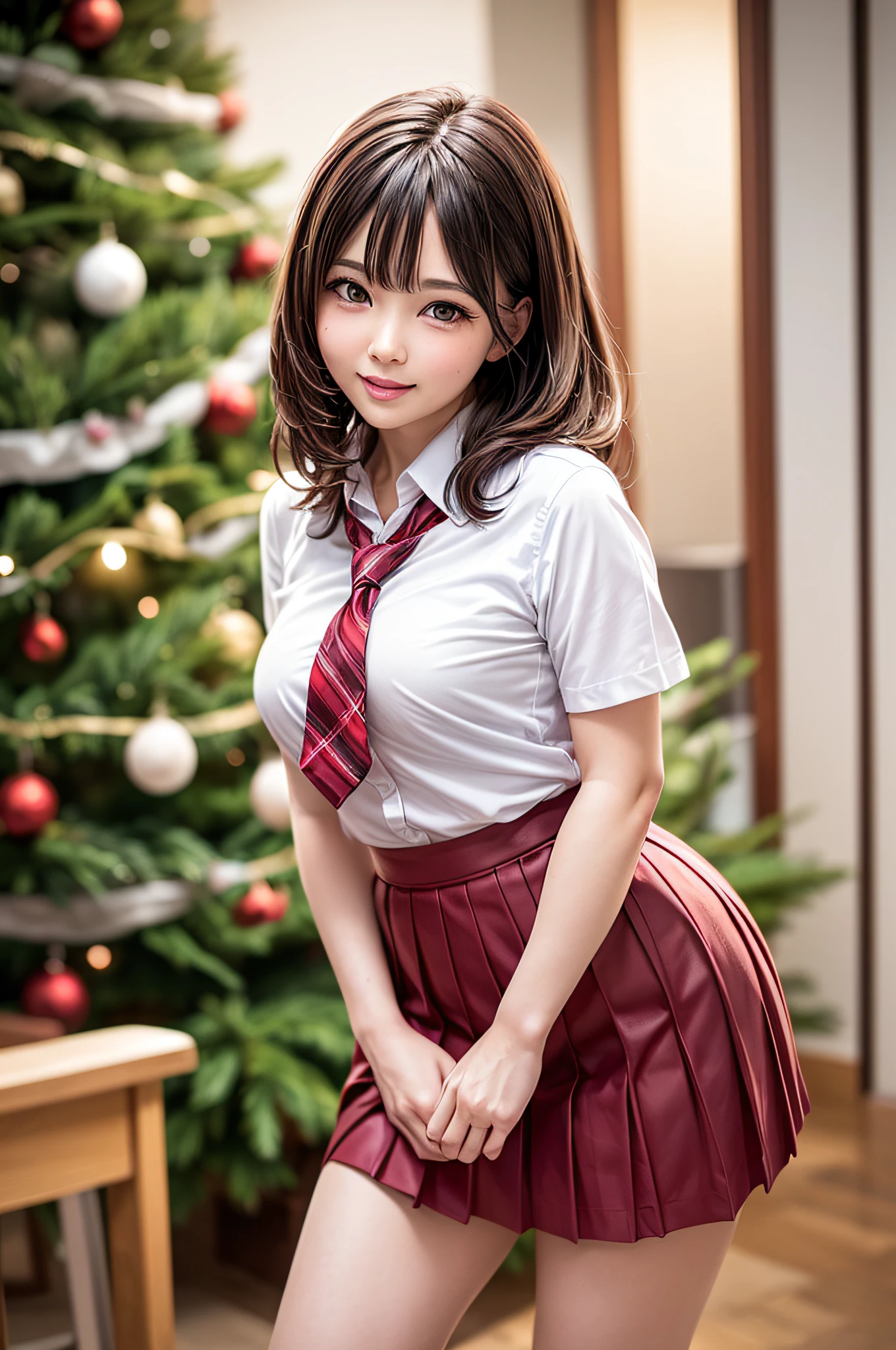 (1 cute girls), Extremely cute, Amazing face and eyes, (Beautiful lovely smile), (extremely detailed beautiful face), bright and shiny lips, (School uniform, Pleated skirt:1.3), (Best Quality:1.4), (hyper quality), (Ultra-detailed), (Hyper-realistic, Photorealsitic:1.37), Authentic skin texture, intricate-detail, extremely detailed CG unified 8k wallpaper, RAW Photos, professional photograpy, Cinematic lighting, Exposing, Christmas tree, Christmas Ornaments, Christmas Decorations, Christmas Lights, christmas lights,