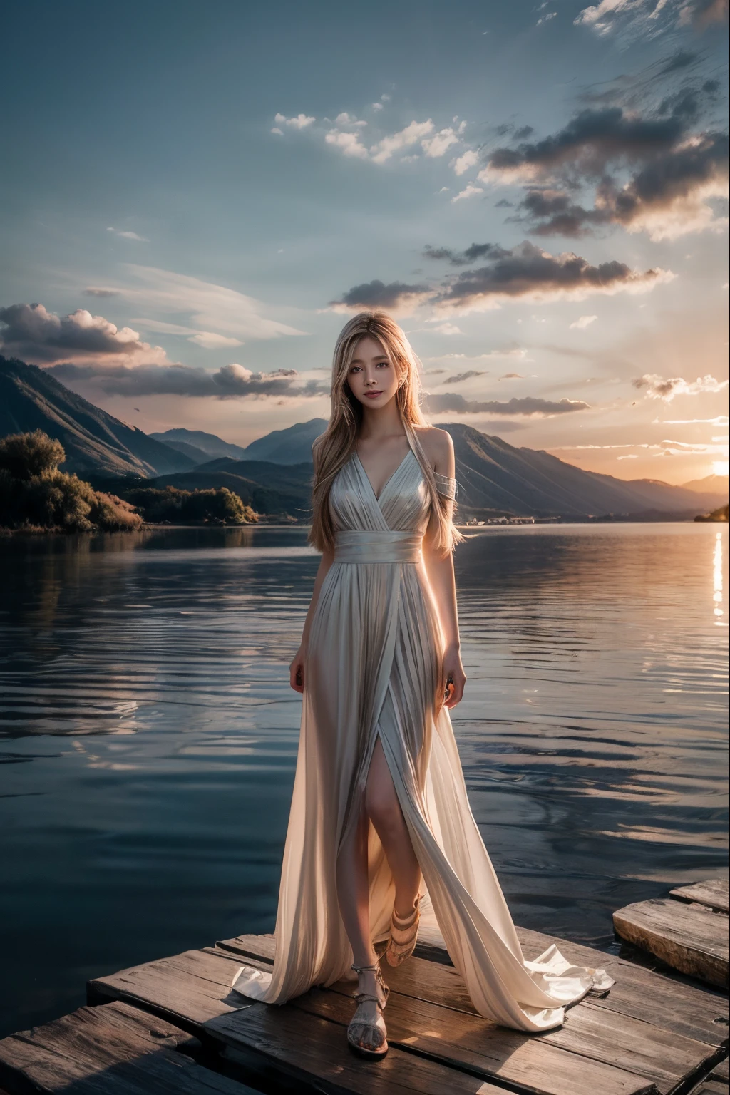 1 girl, with a calm expression, mesmerizing eyes, straight long hair, A flowing dress, A calm posture, porcelain skin, Subtle blush, Crystal pendantBREAK Golden Hour, (edge lit):1.2, a warm color palette, sunflare, soft shade, vivd colour, painterly effect, Dreamy atmosphereBREAK Scenic lake, Far Mountain, willowy, Calm water, Reflectors, clouds illuminated by sunlight, tranquil ambiance, Idyllic sunsets, ultra - detailed, offcial art, Unity8k wallpapers , Tangled, datura
