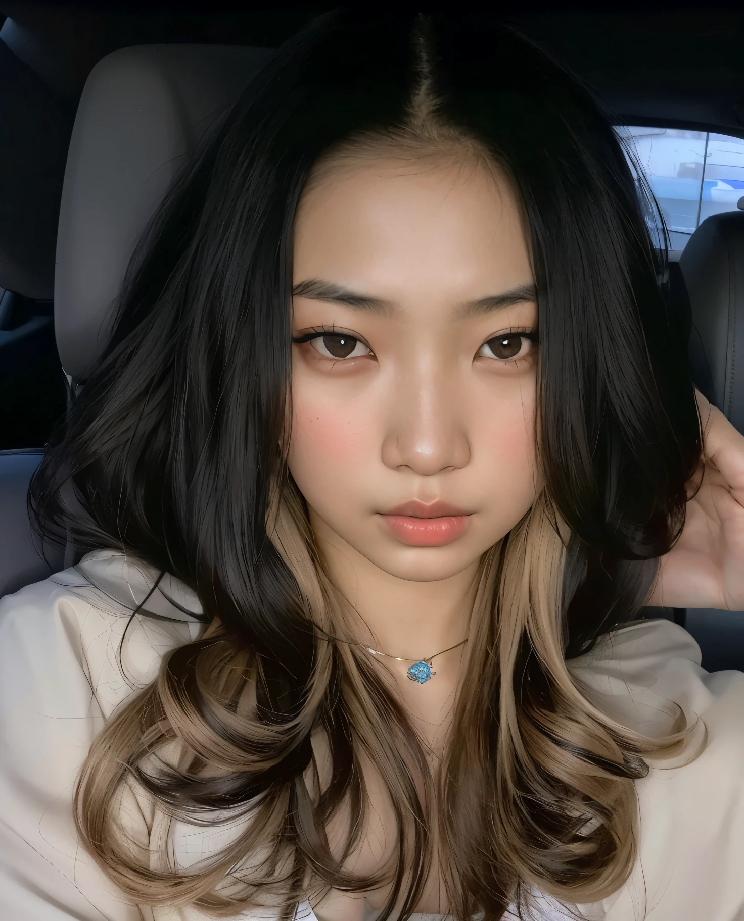 arafed woman with long hair sitting in a car, asian face, ilya kuvshinov with long hair, a young asian woman, xision wu, an asian woman, detailed face of a asian girl, beautiful asian girl, asian girl, asian girl with long hair, asian features, south east asian with round face, 18 years old