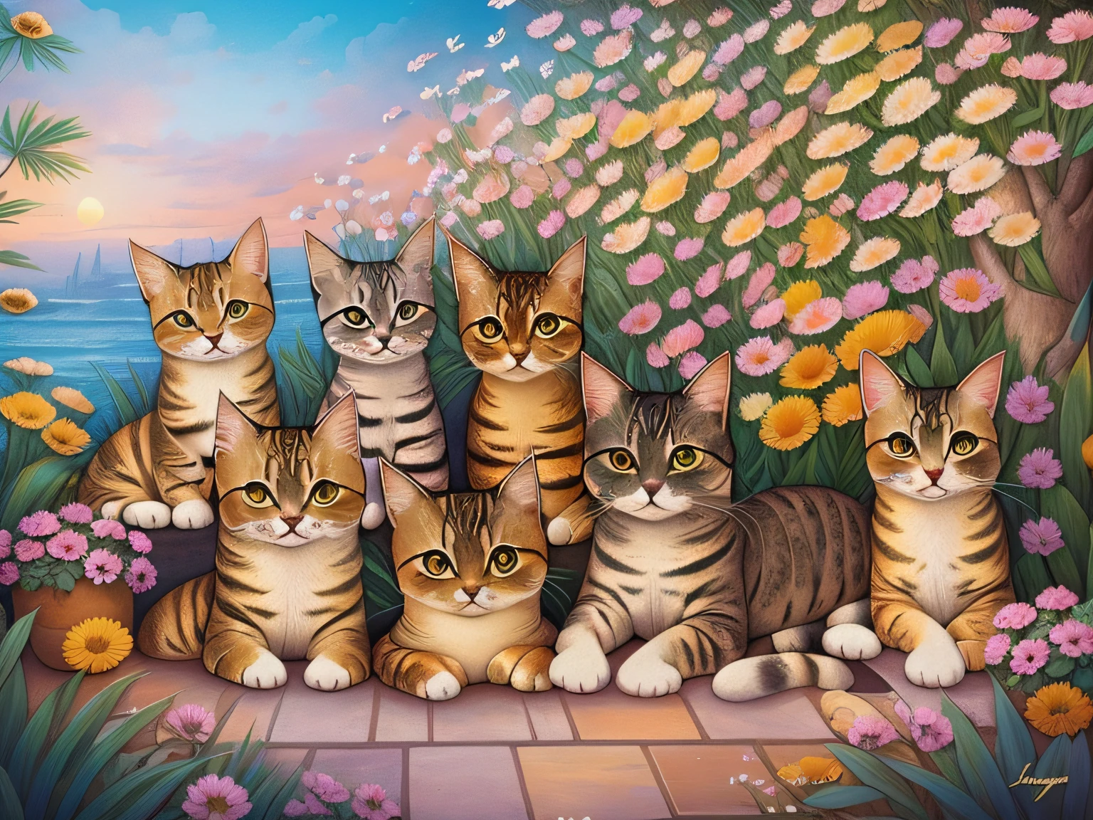 life surrounded by cats, sunbathing on the terrace, Colorful flowers, (best composition), (masutepiece), (Best Quality), (ultra high detail)