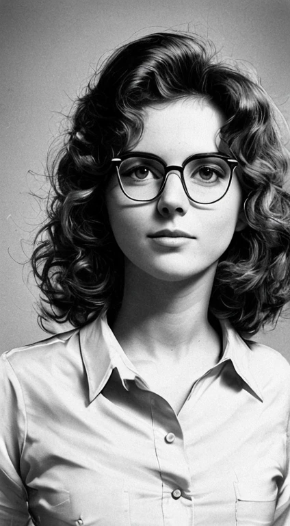 Realistic 80s photo on monochrome film; modest shy young plump Russian woman 38 years old, beautiful proportional round face, round cheeks, Round chin, Big shiny brown eyes, eyeglasses, small snub-nose, parted sensual lips, Serious, calm pleasant smile, medium length brown thick tousled hair (80s punk hairstyle); short plump body, very small breasts with large nipples (Nipple erection), without underwear, White translucent silk shirt with a loose fit and top button undone.., embarrassed look at the camera, (upper-body), natural light; Monochrome image