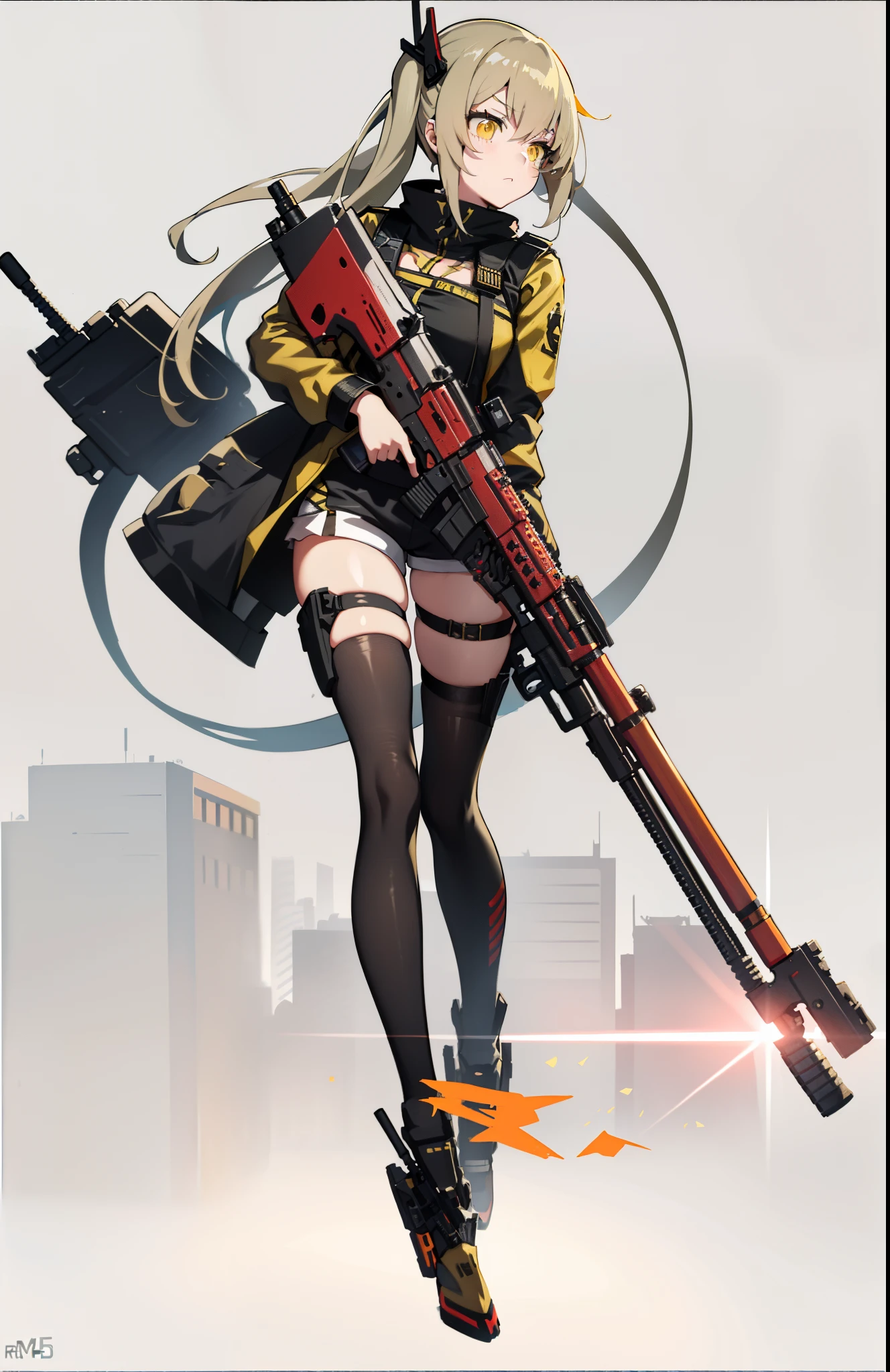 Anime girl with gun in hand,, Girly frontline style, M4 Sopmod II Girls Frontline, detailed detail, Wearing a yellow combat uniform,Black skinny shorts,(Three people with expressionless faces),blackstockings,extremly high detail,Long ponytail on the left side,Holding red and white sniper rifle