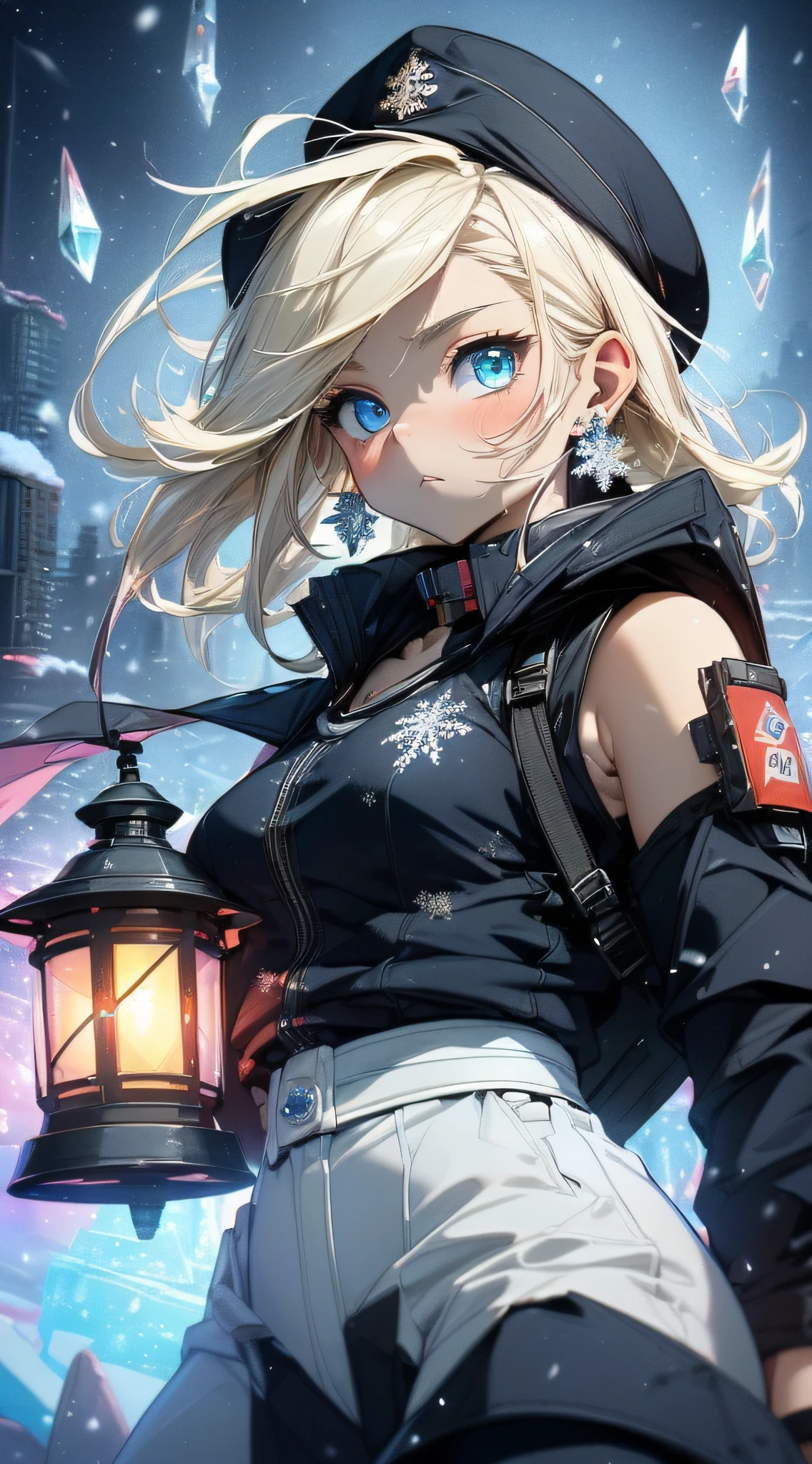 top-quality、Top image quality、masterpiece、girl with((Black jacket、Blue tank top、White trousers、sixteen years old、teen ager、cute little、Best Bust、big bast,Beautiful light blue eyes、Breasts wide open, a blond、A slender,Large valleys、belligerent movements,military backpack、dye one's cheeks red、shivering、sapphire earrings、exhale white、Hats、holding lantern、close range、White breath)),hiquality、Beautiful Art、Background with((Ice Burn City at night、snowflakes falling、Heavy snow falls、snowman、ice tower)))、masutepiece、depth of fields,8K