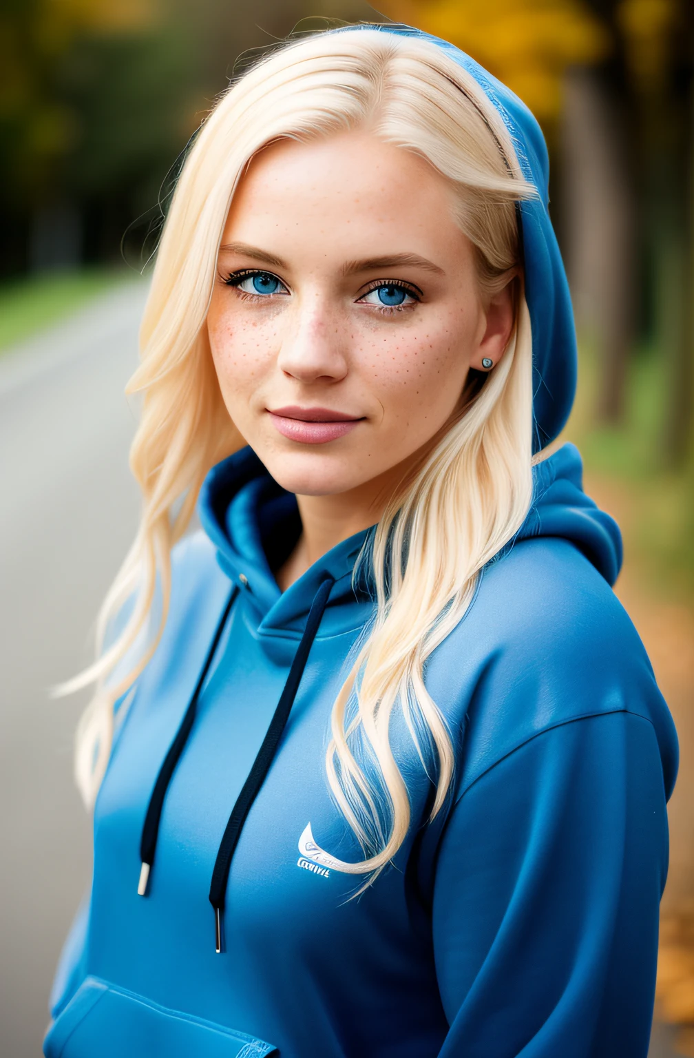 A woman in her 20s, blonde hair, looking at the camera, she has freckles, blue eyes, she has Lush blue hair, tattoos on neck, wearing a black hoodie, hyperdetailed, hyperrealism, ((best quality)), ((masterpiece)), (detailed), 8k uhd, Nikon 70d, ISO200, F/2.8, 1/25sec, 70mm