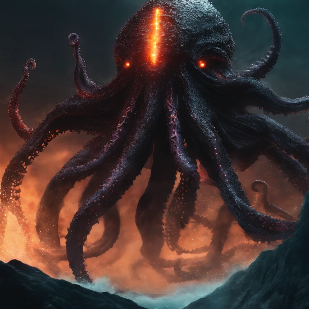 (The giant octopus monster), the Cthu mythological creature (glowing eyes: 1.5), with its mouth open, a winter spring, extremely high details, (high brightness: 1.5), 4K, illusory 5 rendering, best quality, tmasterview, rendered with octane, extremely dangerous to look at, its massive body shocking, its huge body sea with deep exposed, portion, many ships on the sea, (Obscure black smoke: 1.5), (glow effect: 1.3),((light particles)),unable to see the whole body clearly, despairing and terrifying, atmosphere suppressed, spectacular, hero wielding sword, brave counterattack, real face