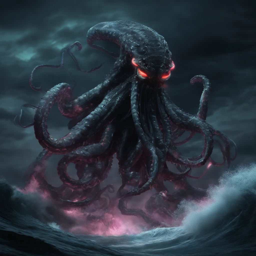 (The giant octopus monster), the Cthu mythological creature (glowing eyes: 1.5), with its mouth open, a winter spring, extremely high details, (high brightness: 1.5), 4K, illusory 5 rendering, best quality, tmasterview, rendered with octane, extremely dangerous to look at, its massive body shocking, its huge body sea with deep exposed, portion, many ships on the sea, (Obscure black smoke: 1.5), (glow effect: 1.3),((light particles)),unable to see the whole body clearly, despairing and terrifying, atmosphere suppressed, spectacular, hero wielding sword, brave counterattack, real face