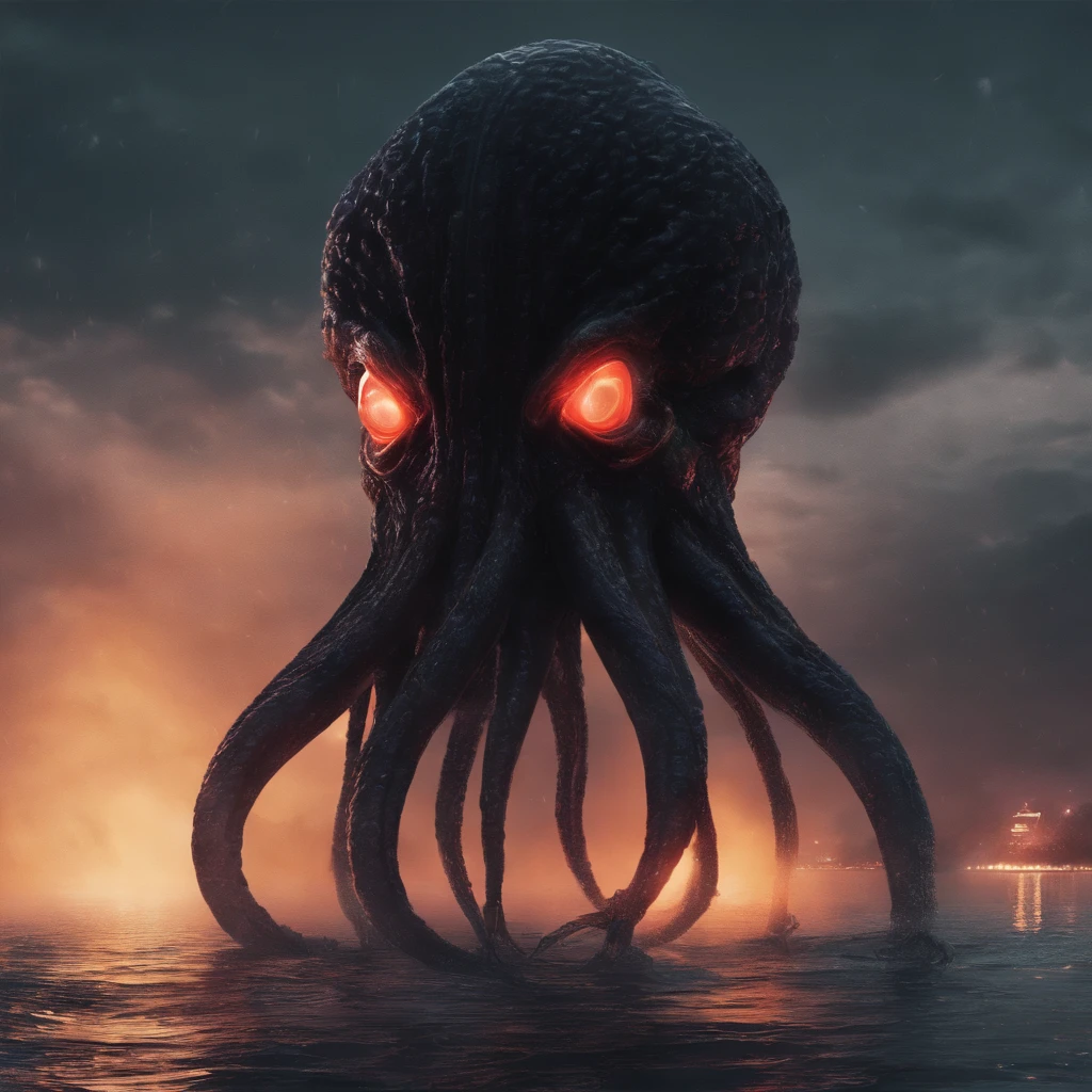 (The giant octopus monster), the Cthu mythological creature (glowing eyes: 1.5), with its mouth open, a winter spring, extremely high details, (high brightness: 1.5), 4K, illusory 5 rendering, best quality, tmasterview, rendered with octane, extremely dangerous to look at, its massive body shocking, its huge body sea with deep exposed, portion, many ships on the sea, (Obscure black smoke: 1.5), (glow effect: 1.3),((light particles)),unable to see the whole body clearly, despairing and terrifying, atmosphere suppressed, spectacular, hero wielding sword, brave counterattack, real face