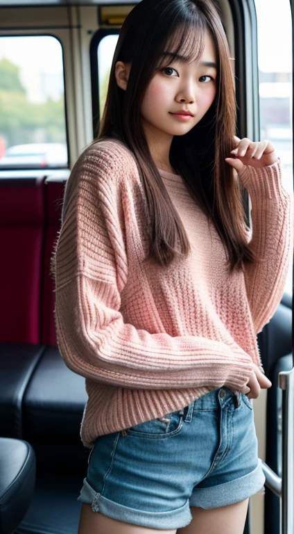 An ultra-high picture quality,ultra-quality,8K,Hey Buss,,beautiful hair and square face,Asians,A hyper-realistic,Muchimuchi,Narrow-eyed,knit,shortpants,lumpy face,