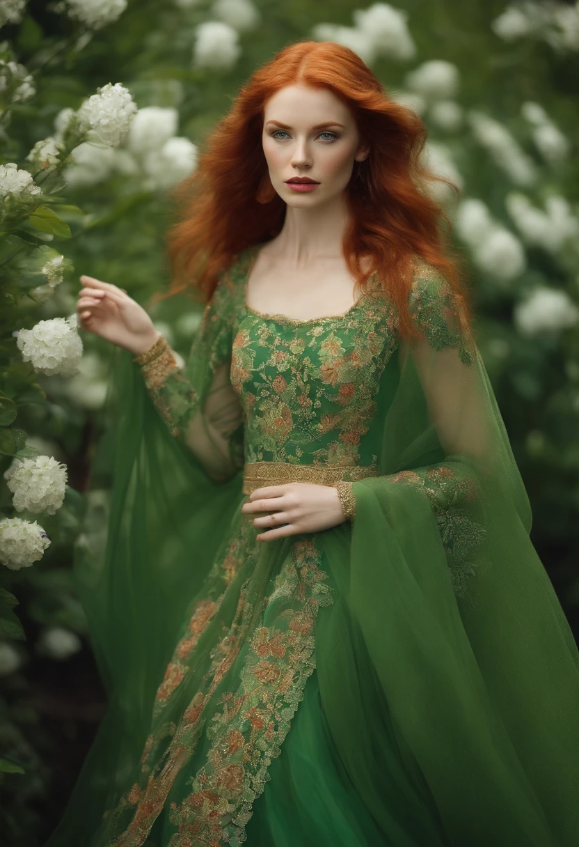 creates an image of a pale ginger red-haired woman in green clothes flowered with white