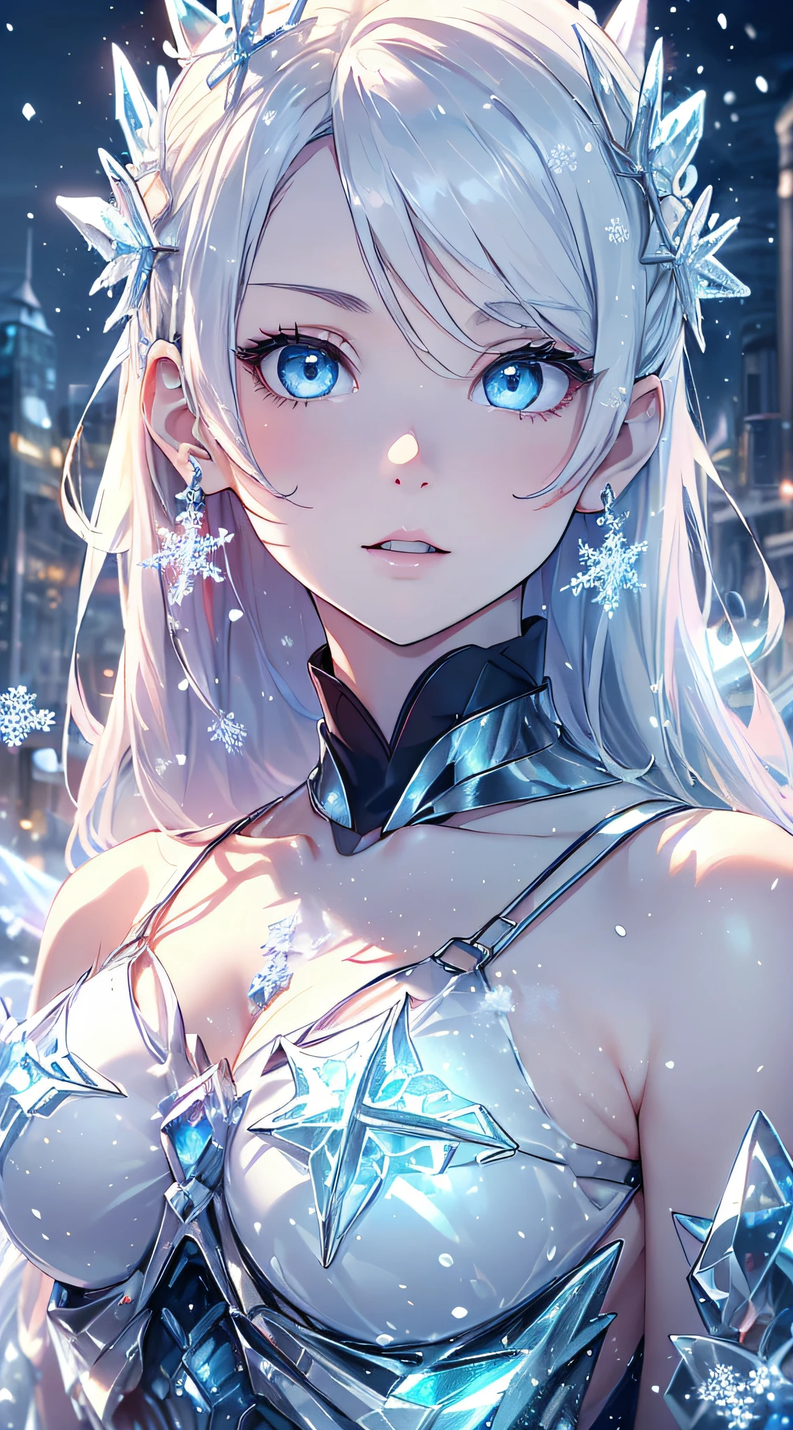 top-quality、Top image quality、masterpiece、Android Girl((blue mechanic body、sixteen years old、teen ager、White Mechanical Body、Best Bust、big bast,Beautiful light blue eyes、Breasts wide open, a blond、A slender,Large valleys、dye one's cheeks red、There is a blade of ice、White breath、I have an ice gun、Reflecting the whole body)),hiquality、Beautiful Art、Background with((Fantastic world、Ice Burn City at night、snowflakes falling、Heavy snow falls、snowman、ice tower)))、masutepiece、depth of fields,