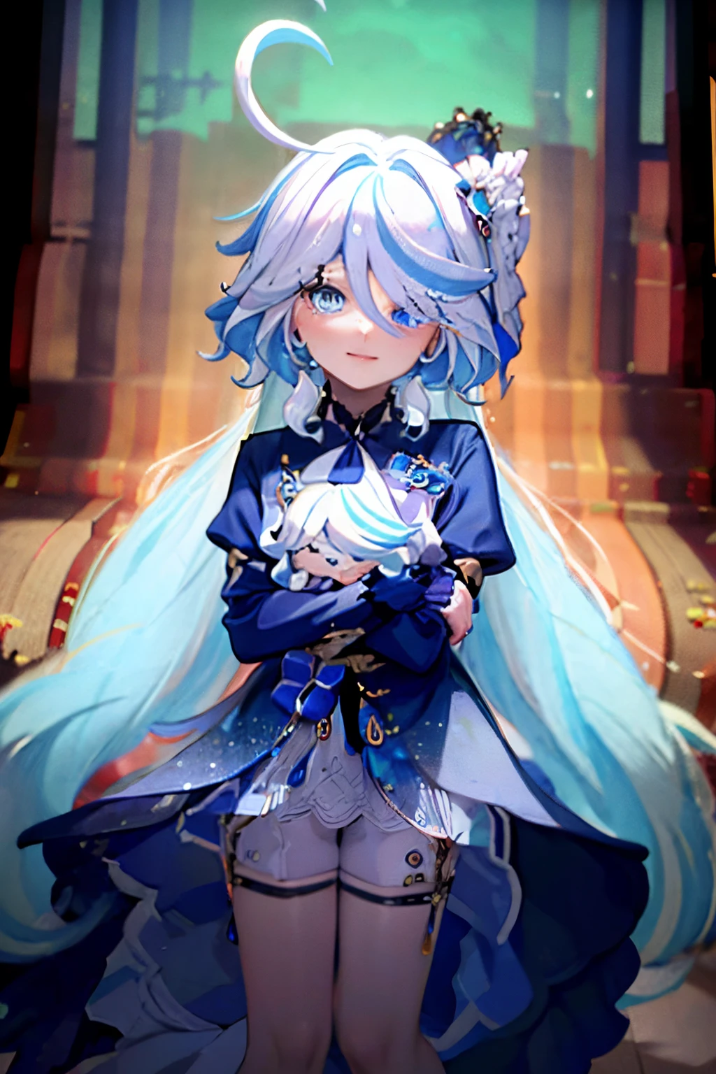 (()), four ladies, three of which have long hair, hold several dolls, multiple girls, necktie, skirt, blue necktie, jacket, character doll, shirt, looking at viewer, sitting, earrings, jewelry, mother and daughter, smiling, 1girl, blue eyes, white hair, blue streaks, very long hair, hair between eyes, bangs, ahoge, small breast, dress, parted dress, barefoot, puffy sleeves
