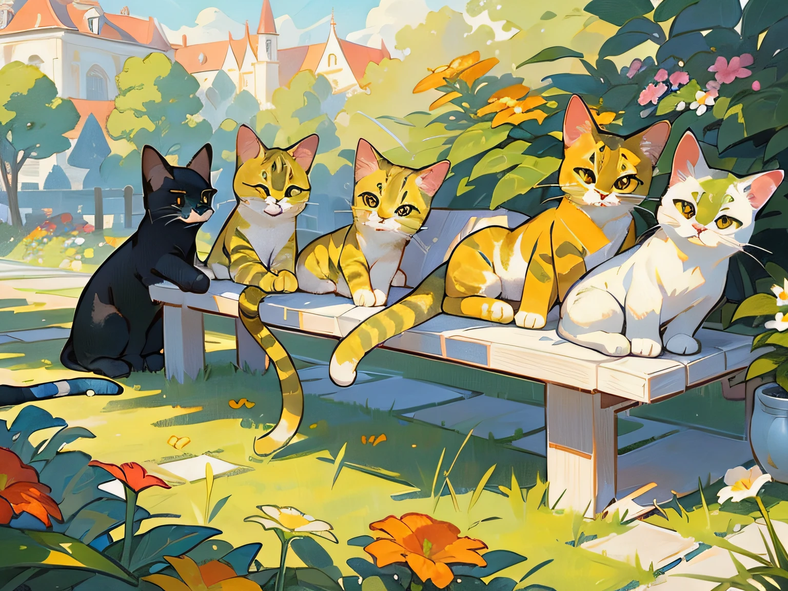 life surrounded by cats, sunbathing on the terrace, Colorful flowers, (best composition), (masutepiece), (Best Quality), (ultra high detail)