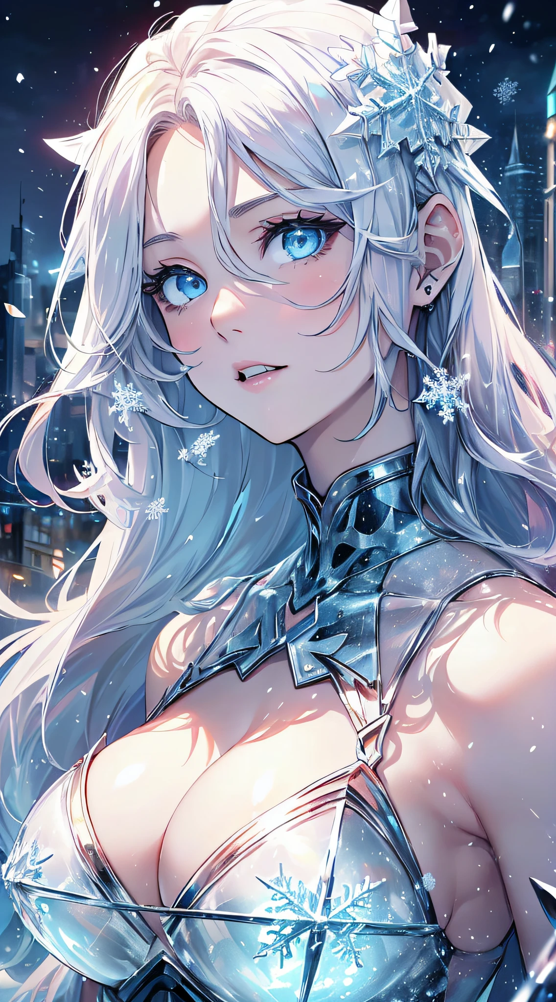 top-quality、Top image quality、masterpiece、Android Girl((blue mechanic body、sixteen years old、teen ager、White Mechanical Body、Best Bust、big bast,Beautiful light blue eyes、Breasts wide open, a blond、A slender,Large valleys、dye one's cheeks red、There is a blade of ice、White breath、I have an ice gun、Reflecting the whole body)),hiquality、Beautiful Art、Background with((Fantastic world、Ice Burn City at night、snowflakes falling、Heavy snow falls、snowman、ice tower)))、masutepiece、depth of fields,