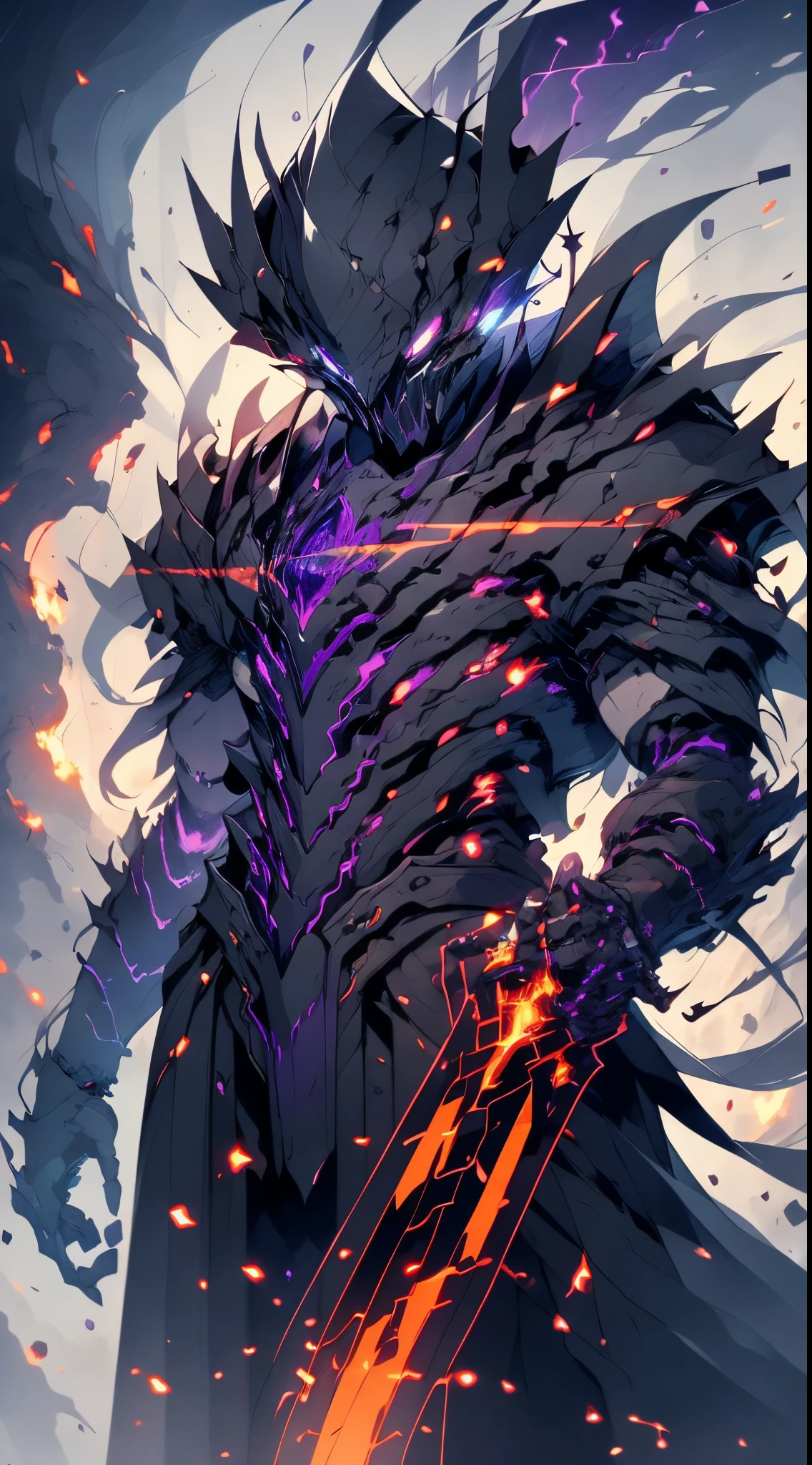 (absurd res, A high resolution, ultra - detailed, HighDynamicRange), tmasterpiece, Best quality at best, Death male holding scythe sitting on demon with giant eyes, Looking arrogant, Alone, Reaper in, male people,huge scythe,glowing sickle, Devil eyeballs, Huge eyeballs, Disgusting, Black Demon Wings, demon horn, Handsome, purpleeyes, glowing light eyes, Black robe, Earrings and accessories,Bare ribs,Undead Demon, bared  chest, arrogant face, full bodyesbian, swirls of magic, spark of light, swirles, black and purple halo, dark purple cloudy sky, Abyss, abstract backgrounds, From the side Side, head looking up, evilsmile
