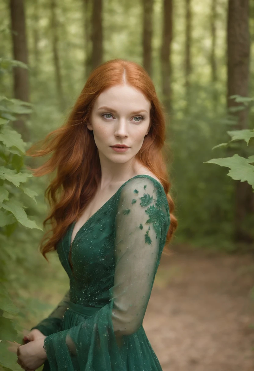 Portrait focused realistic photography of ginger pale orange redhead girl in the forest Redhead woman with long hair, vestido verde florido em decote v, fundo desfocado de floresta outono prima vera atras, detalhes em jasmin branca, On a green lake with leaves all around reflecting the sky Warm lights hanging in the middle of autumn Spring, Bokehn effect of water drops, she is holding a red fox on her lap