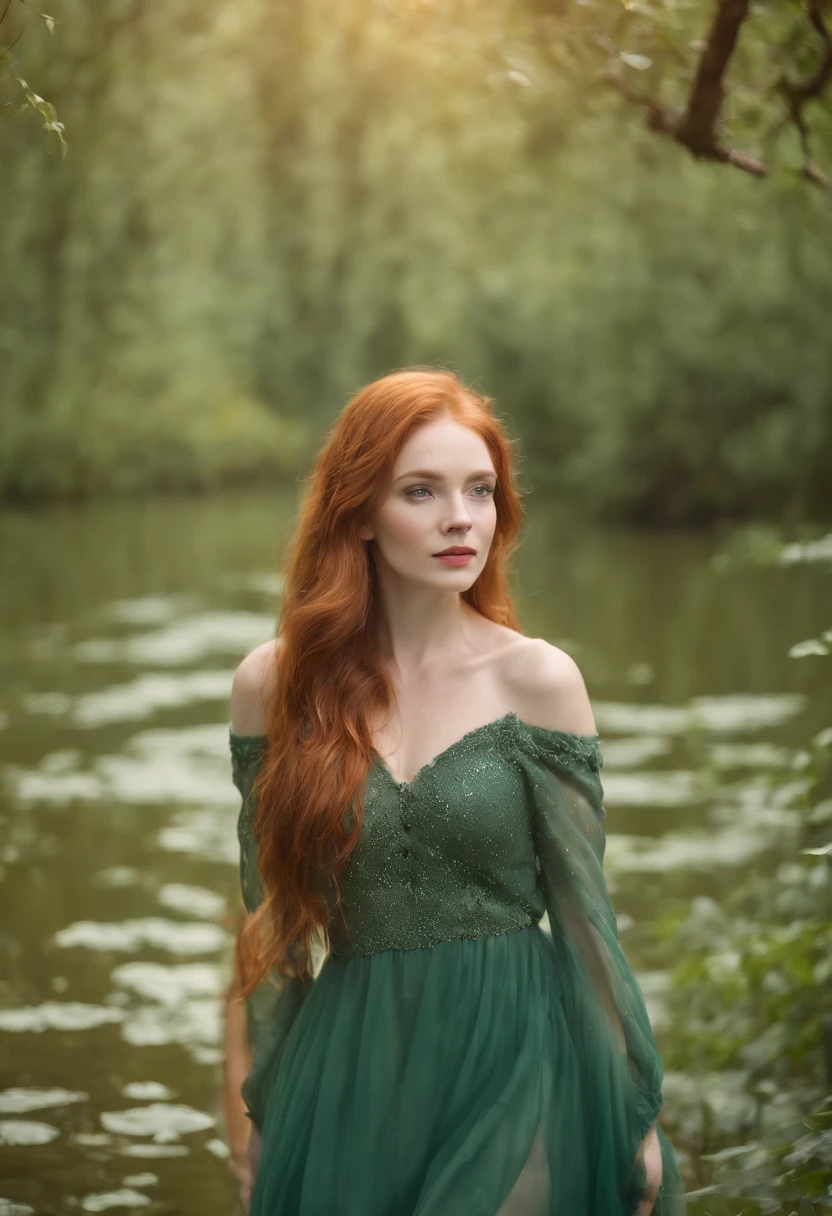 Portrait focused realistic photography of ginger pale orange redhead girl in the forest Redhead woman with long hair, vestido verde florido em decote v, fundo desfocado de floresta outono prima vera atras, detalhes em jasmin branca, On a green lake with leaves all around reflecting the sky Warm lights hanging in the middle of autumn Spring, Bokehn effect of water drops, she is holding a red fox on her lap