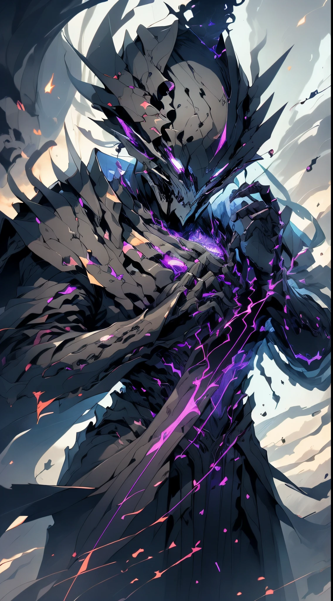 (absurd res, A high resolution, ultra - detailed, HighDynamicRange), tmasterpiece, Best quality at best, Death male holding scythe sitting on demon with giant eyes, Looking arrogant, Alone, Reaper in, male people,huge scythe,glowing sickle, Devil eyeballs, Huge eyeballs, Disgusting, Black Demon Wings, demon horn, Handsome, purpleeyes, glowing light eyes, Black robe, Earrings and accessories,Bare ribs,Undead Demon, bared chest, arrogant face, full bodyesbian, swirls of magic, spark of light, swirles, black and purple halo, dark purple cloudy sky, Abyss, abstract backgrounds, From the side Side, head looking up, evilsmile