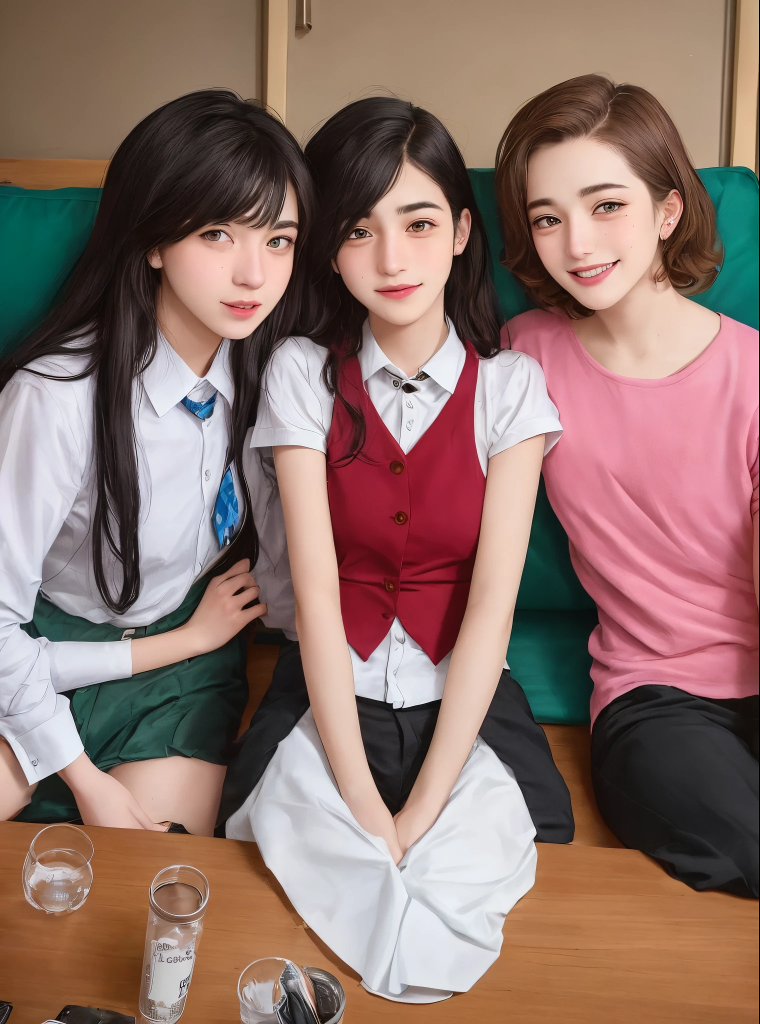 Three friends in girl high-school, all queer and mentally ill. One of them is a trans boy, One them is cisgender and another one is non-binary and in relationship with the trans man. They live in iran which is a homophobic country. They all have a good sense of humor.comic style.