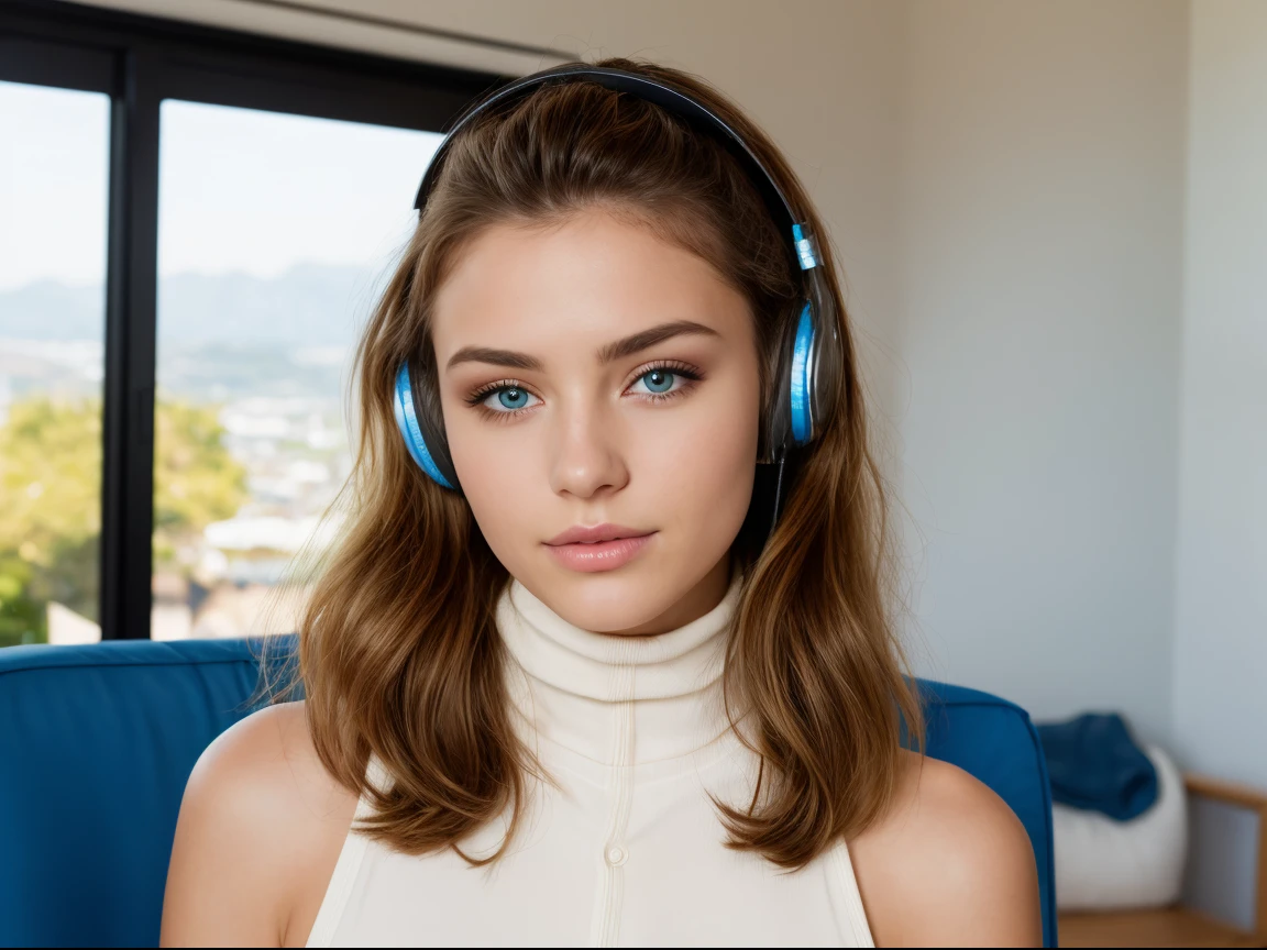 (masterpiece), (one girl 22 year old) (((Caucasian))) french girl with shoulder length messy hair, she is petite. She is wearing a ((tight polo neck)) and shorts, Direct gaze. Backlit eyes. Digital photography, she is sitting on a vitra eames chair ((wearing headphones)) in rapture, taken with, Canon 85mm lens, extreme quality, heavily retouched, heavy makeup, very high quality