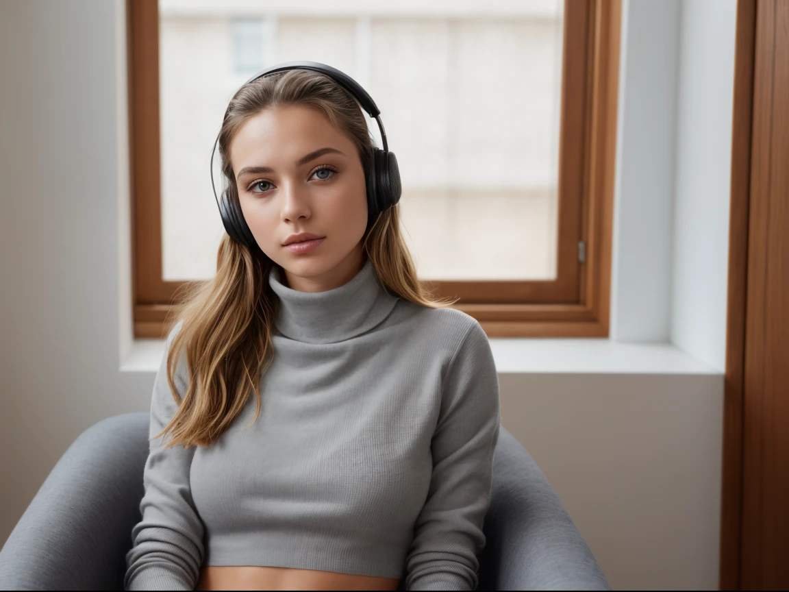 (masterpiece), (one girl 22 year old) (((Caucasian))) french girl with shoulder length messy hair, she is ***ite. She is wearing a ((tight polo neck)) and shorts, Direct gaze. ((Intense grey eyes with catchlights)), Backlit eyes. Digital photography, she is sitting on a vitra eames chair ((wearing headphones)) in rapture, taken with, Canon 85mm lens, extreme quality, heavily retouched, heavy makeup, very high quality