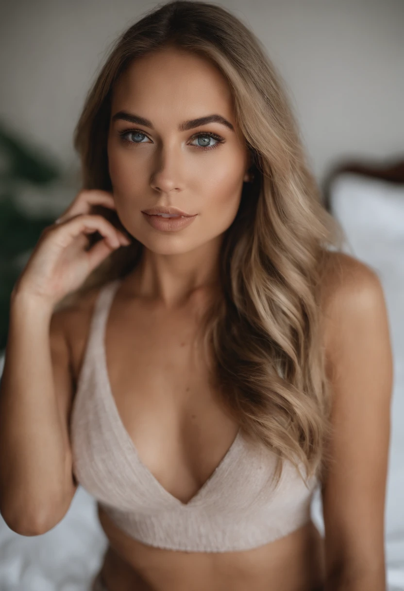 woman with matching tank top and panties, Sexy girl with blue eyes, portrait sophie mudd, portrait corinna kopf, blonde hair and large eyes, Selfie einer jungen Frau, Augen im Schlafzimmer, Violet Myers, ohne Make-up, Natural makeup, Blick direkt in die Kamera, Gesicht mit Artgram, dezentes Make-up, Stunning full body shot, im Schlafzimmer, Spaltung