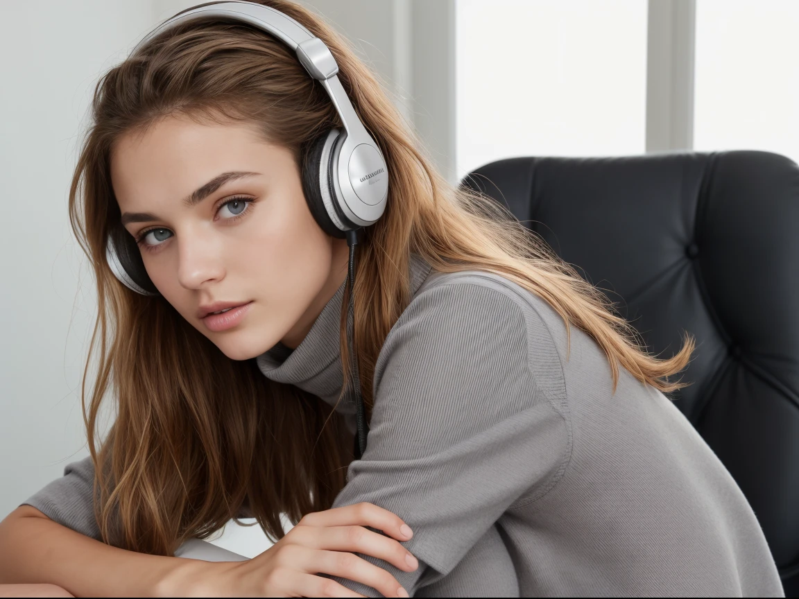 (masterpiece), (one girl 22 year old) (((Caucasian))) french girl with shoulder length messy hair, she is ite. She is wearing a ((tight polo neck)) and shorts, Direct gaze. ((Intense grey eyes with catchlights)), Backlit eyes. Digital photography, she is sitting on a vitra eames chair ((wearing headphones)) in rapture, taken with, Canon 85mm lens, extreme quality, heavily retouched, heavy makeup, very high quality