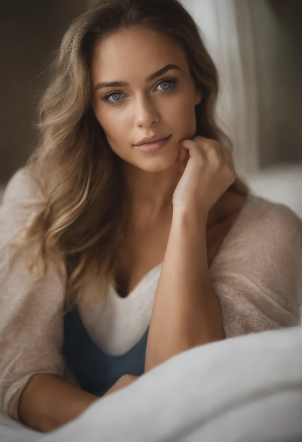 woman with matching tank top and panties, Sexy girl with blue eyes, portrait sophie mudd, portrait corinna kopf, blonde hair and large eyes, Selfie einer jungen Frau, Augen im Schlafzimmer, Violet Myers, ohne Make-up, Natural makeup, Blick direkt in die Kamera, Gesicht mit Artgram, dezentes Make-up, Stunning full body shot, im Schlafzimmer, Spaltung