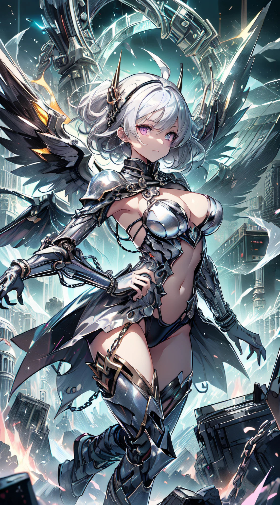 top-quality、Top image quality、​masterpiece、girl with((Silver and black mechanical body armor、silver mechanical arm、silver leg arms、Shining red body line、、teen ager、cute lit Bust、big bast,Beautiful shining purple eyes、Breasts wide open, white  hair、black mechanical wing,Longhaire、A slender,Large valleys、belligerent movements,sharp claws、anchor chain、chain、chains、Beam Cannon、Laugh、holds a black sword、fighting poses)),hiquality、Beautiful Art、Background with((natta、Burning City、Pillar of fire、fluttering white feathers、red beam、blue beam、Yellow lightning)))、,masutepiece、depth of fields,Cinematic style