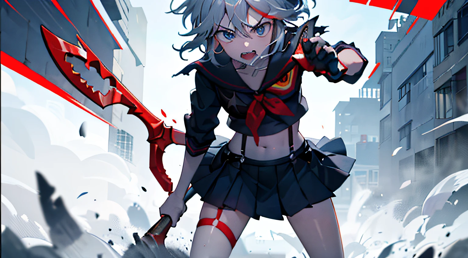 wow goowo, Blue hair, Grey Hair, middle way hair, multicoloured hair, Shark Girl, sharp teeth, two side up, teeth, Senketsu, Ryuko Matoi, hang, school uniformss, {{1Girl}}, {{{Solo}}}, {{{Masterpiece}}}, Illustration, {{{{{beautiful-detailed eyes}}}}}, {{Cinematic light}}, The ultra-detailliert, {Extremely detailed CG unity 8k wallpaper}, {{{Background only}}}, {{Masterpiece}}, {{{Best Quality}}}, {{Ultra-detailed}}, {Best Illustration}, {best shadows}, {{an extremely delicate and beautiful}}, {{Cinematic light}},Kuragawa, Blue hair, Grey Hair, middle way hair, multicoloured hair, Shark Girl, sharp teeth, two side up, teeth, Shark tail, tail, ((((Dramatic)))、(((gritty)))、(((vehement)))Movie poster with a young woman as the protagonist。She wears stylish and edgy clothes、Stand proudly in the center of the poster.。Dressed in costume、I looked determined.。The background is dark and gritty.、Feeling danger and intensity。Enhances overall sense of drama and excitement..。The color palette is predominantly dark、Full of bright colors~.、Gives your poster a dynamic and visually impressive feel.。bright and dark blue eyes, red_heads,serafuku,variegated_heads,midriff,Senketsu,pleated_skirt,s whole body, sun set:2,ocean:2,Depth of field, overcast sky,injury,bandaged,bandaid_al_Nose,suspenders,multicolored_heads,bruises,skirt,bandaged_al_face,Short_heads, Black school uniform, ABS visible