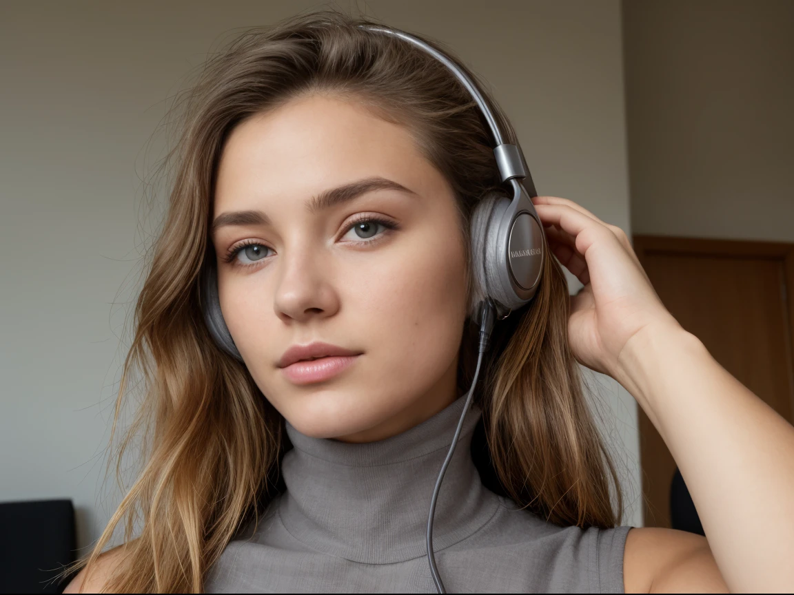 (masterpiece), (one girl 22 year old) (((Caucasian))) french girl with shoulder length messy hair, she is petite. She is wearing a ((tight polo neck)) and shorts, Direct gaze. ((Intense grey eyes with catchlights)), Backlit eyes. Digital photography, she is sitting on a vitra eames chair ((wearing headphones)) in rapture, taken with, Canon 85mm lens, extreme quality, heavily retouched, heavy makeup, very high quality