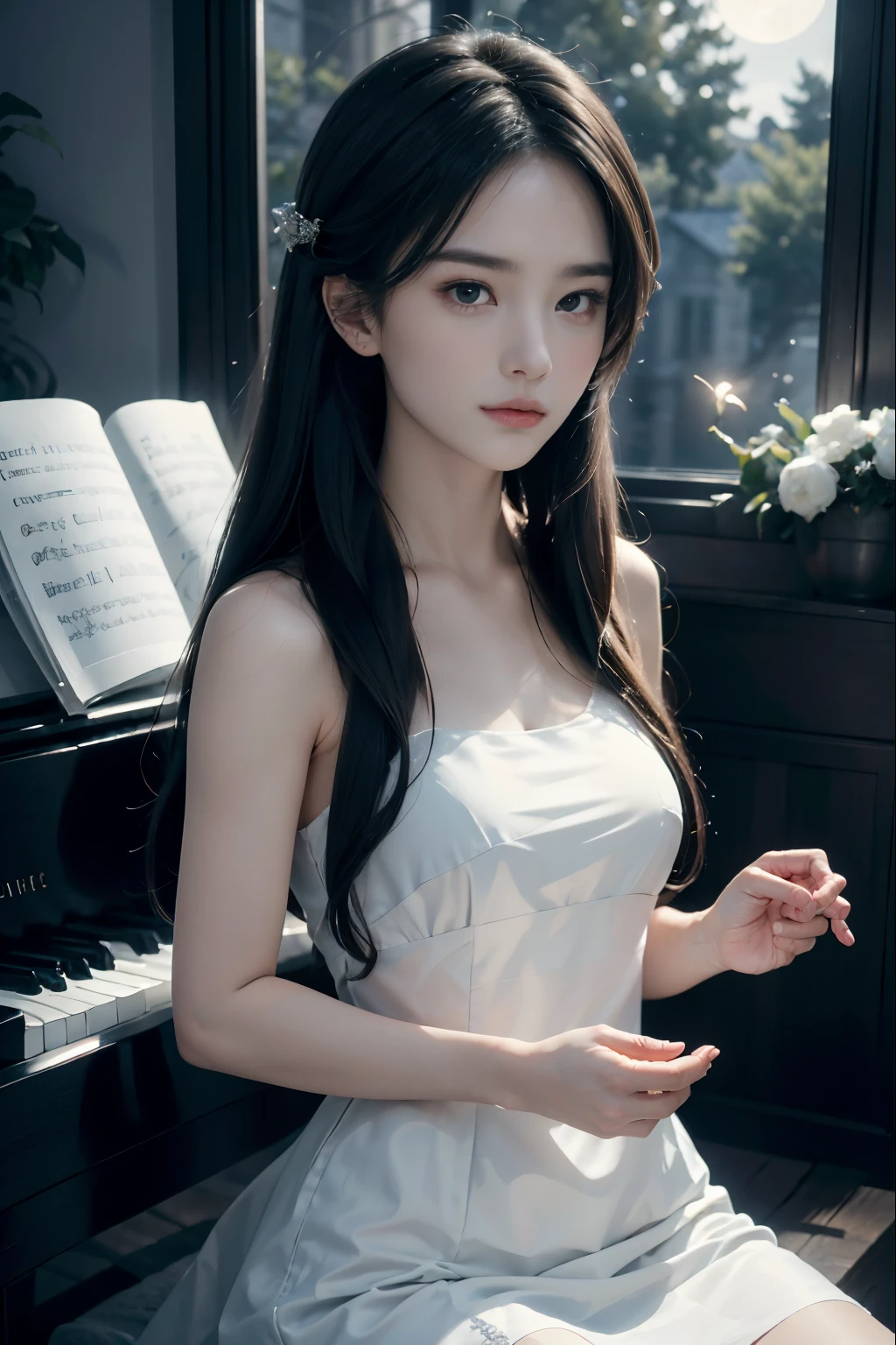 (best quality,4k,8k,highres,masterpiece:1.2),ultra-detailed,(realistic,photorealistic,photo-realistic:1.37),1 girl,long hair,piano,starry night,deep emotions,peaceful atmosphere,soft color tones,gentle lighting,subtle shadows,delicate facial features,thoughtful expression,captivating eyes,melancholic mood,detailed and flowing hair,wearing an elegant dress,sitting gracefully at the piano,her fingers gently touching the keys,moonlight streaming through the window,creating a magical glow,serene and tranquil ambiance,sparkling stars dotting the dark sky,peaceful night scene,moonlit landscape in the background,evoking a sense of solitude and introspection,her music filling the room with delicate melodies,creating a harmonious connection between the artist and the instrument,an intimate and poetic moment frozen in time.