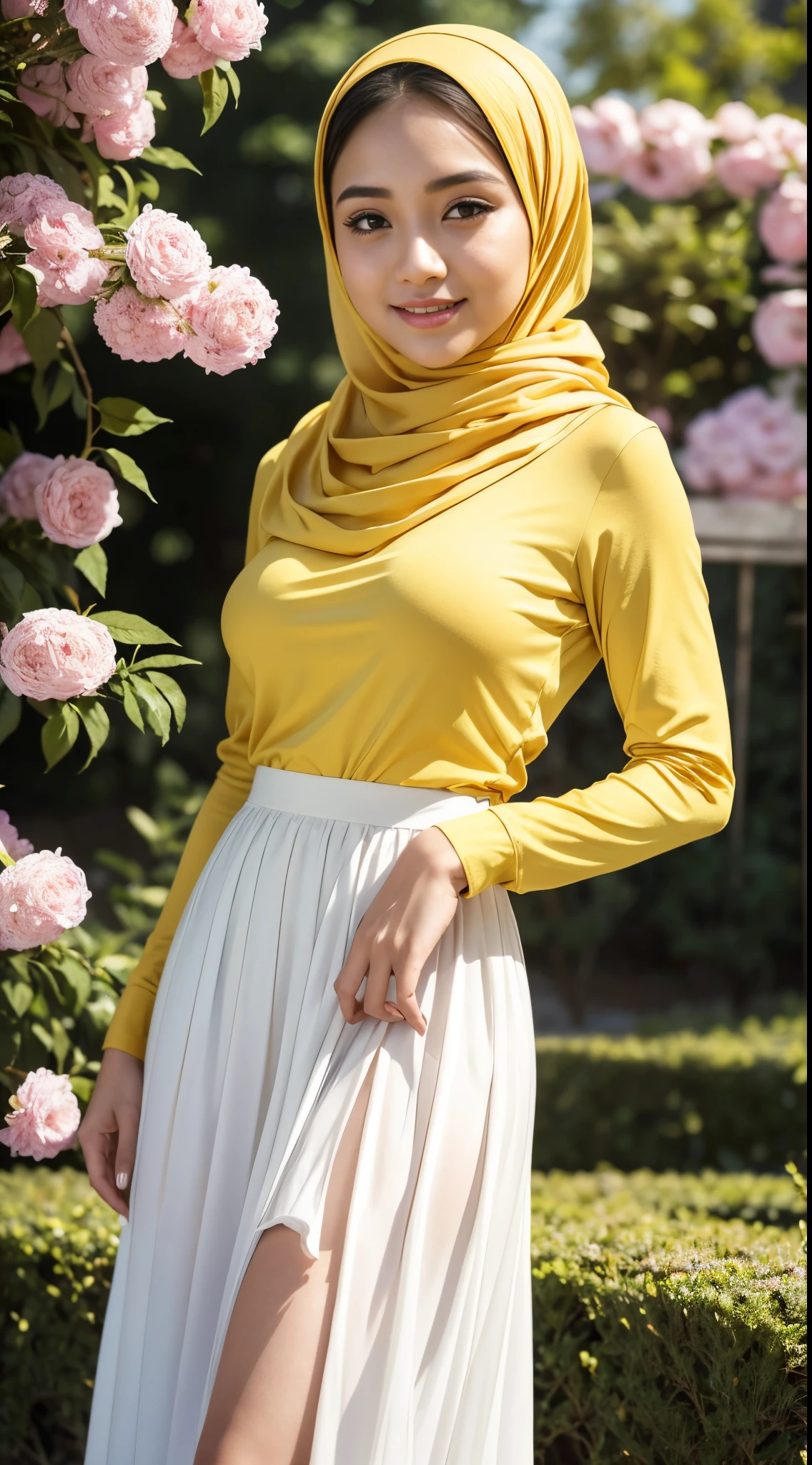 (RAW, Best quality, high resolution, masterpiece: 1.3), beautiful Malay woman on hijab (iu:0.8), perfect nose,perfect lips, perfect eyes, detail :1.2),((big breast)),1 Malay girl, modern plain hijab,full body image detail, watery eyes, Best quality, high resolution, masterpiece: 1.3),soft smile, beautifull face, a woman in a white top and yellow skirt standing in front of a floral garden, pleated skirt, wearing a long flowy fabric, dressed in long fluent skirt, long skirt, multilayered outfit, layered skirts, with yellow cloths, frill, , wearing an elegant outfit, ( cute smile:1,1), (glossy lips:1.1), (beautiful eyes:1.1), wonderful backround, closed mouth, ( close up)