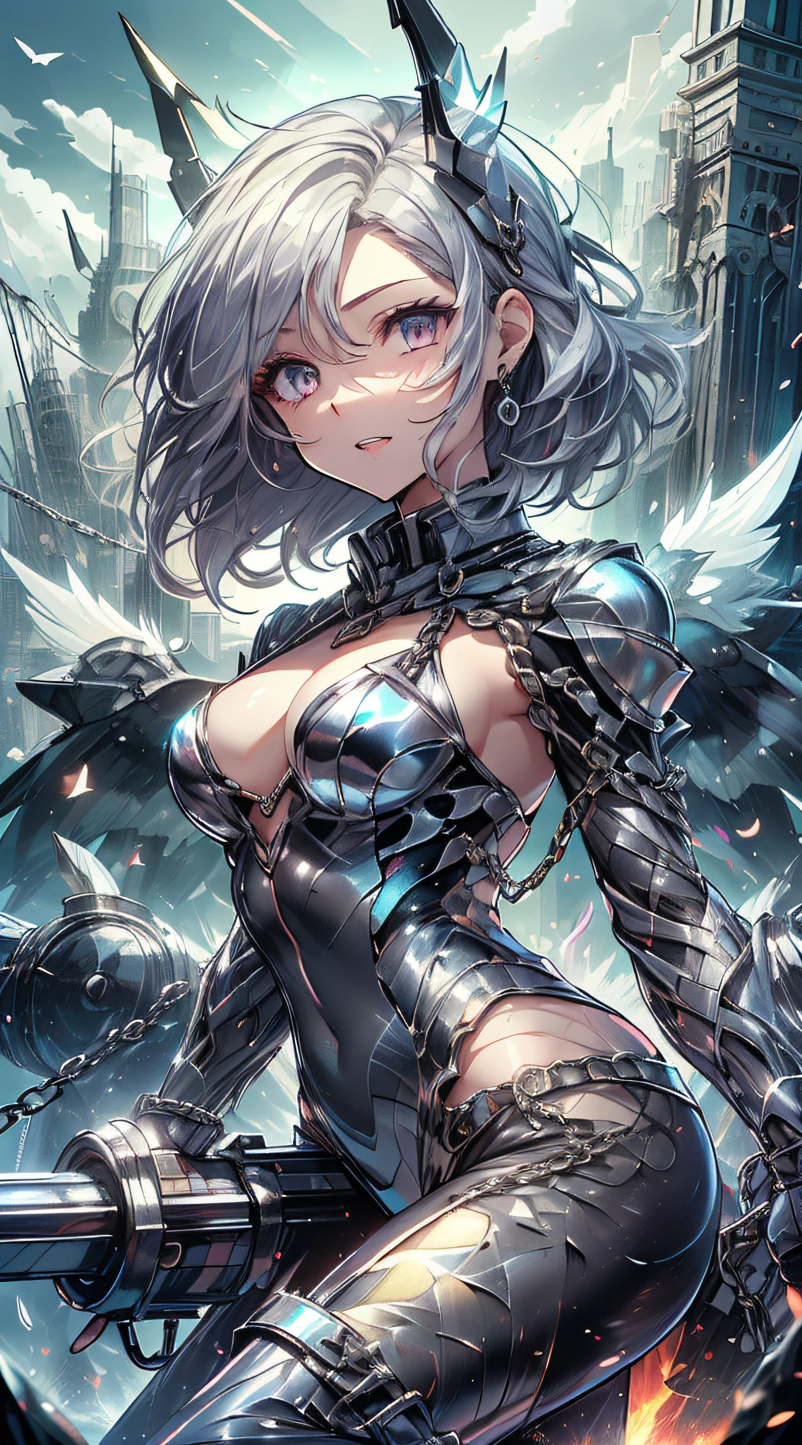 top-quality、Top image quality、​masterpiece、girl with((Silver and black mechanical body armor、silver mechanical arm、silver leg arms、Shining red body line、、teen ager、cute lit Bust、big bast,Beautiful shining purple eyes、Breasts wide open, white  hair、black mechanical wing,Longhaire、A slender,Large valleys、belligerent movements,sharp claws、anchor chain、chain、chains、Beam Cannon、Laugh、holds a black sword、fighting poses)),hiquality、Beautiful Art、Background with((natta、Burning City、Pillar of fire、fluttering white feathers、red beam、blue beam、Yellow lightning)))、,masutepiece、depth of fields,Cinematic style