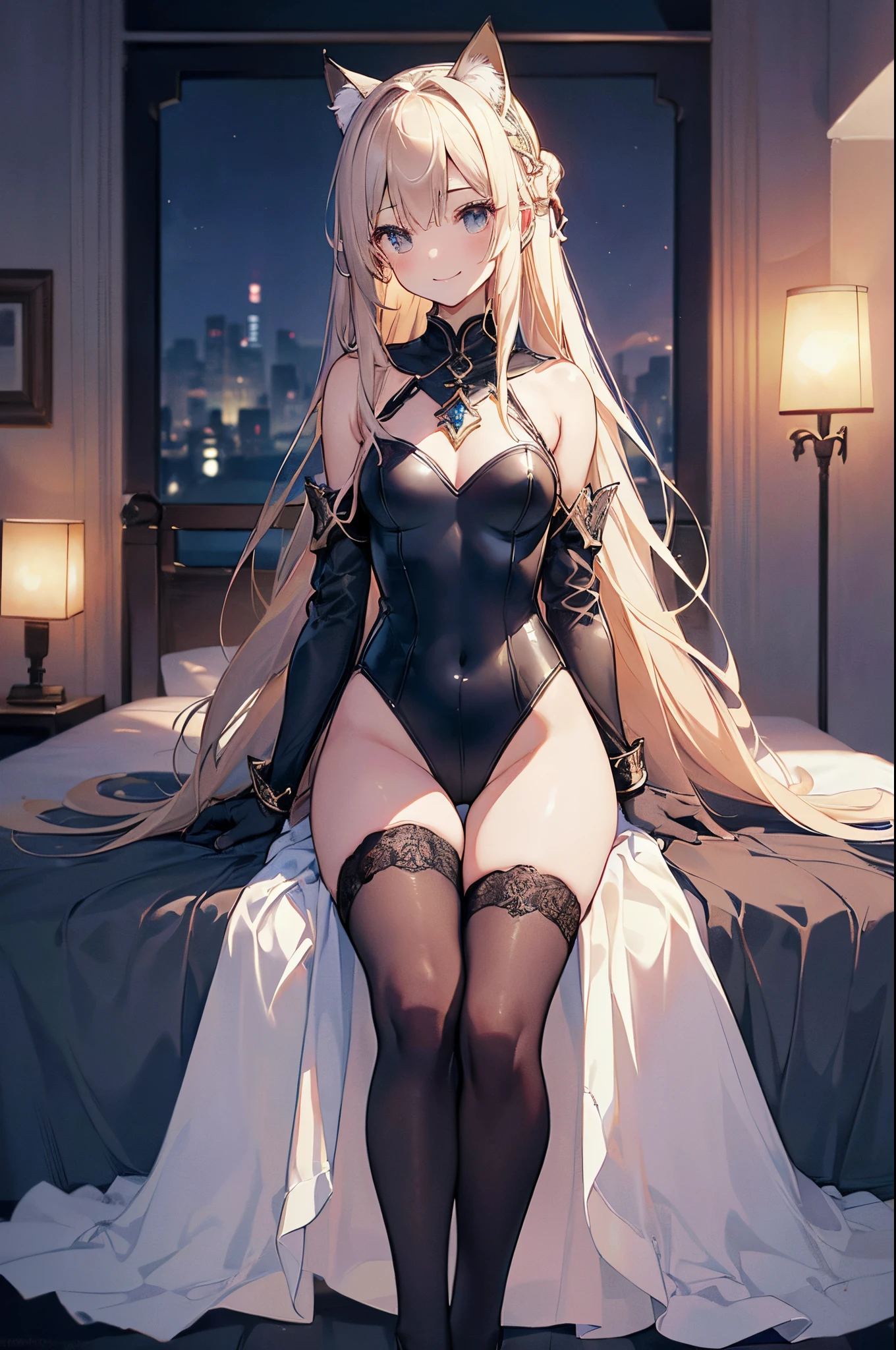 ((2D beautiful girl、top-quality、Perfect Finger 1.5、Perfect Anatomy 1.5、extremely delicate and beautiful illustration))、(Blur the background:1.3、(transform sequence)、((knight leotard))、14years、(beautiful slender girl)、Fractal Art、baby-face、((stright long hair))、Beautiful big drooping eyes:1.1、Small, open-mouthed smile、(Full body depiction:1.1)、(1 persons)、Medieval inn、Cat's ears、armor、knight leotard、a bed、