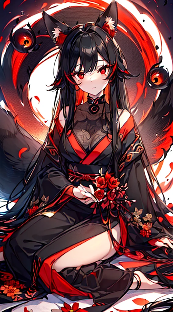 (extremely detailed CG unity 8k wallpaper), (((ultra-detailed))), ((extremely detailed)), (((intricate details))), (((best illustration))), best illumination, ((extremely delicate and beautiful)), ((an extremely delicate and beautiful girl)), colorful, manjusaka, red flower field, (((colorful flowers))), ((solo:1.9)), ((1 fox girl)), (Black and red Kitsune with long black hair with fox ears and fox tail), (2 colors black and red fox ears:1.6), (2 colors black and red single fox tail:1.6), ((finely detailed beautiful eyes and detailed face)), sad expression, melancholic smile, long hair, (((black hair))), (red eyes:1.9), beautiful detailed eyes, mature female, gentle, slender, medium breast, (Black and red sexy elegant kimono dress:1.3), (medium height black boots:1), ((black choker with red pendent:1)), manjusaka birthmark on neck, sitting, bishoujo, 19 years old,