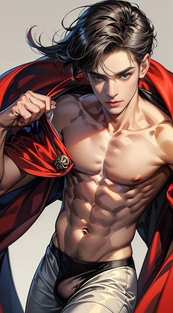 (masterpiece best quality 8k ultra-detailed:1.5) ultra realistic, solo standing male, muscular handsome (((perfect face,perfect eyes))) (topless) (undercut), anime style, illustration, (((underwear, big bulge))), realistic shade, sharp, detailed beautiful face and eyes, perfect beautiful body, perfect hands, (dynamic pose), shiny skin