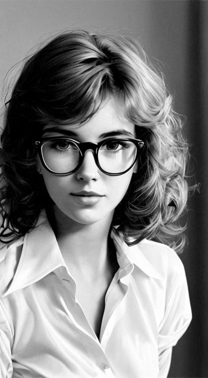 Realistic 80s photo on monochrome film; modest shy young plump Russian woman 38 years old, beautiful proportional round face, round cheeks, Round chin, Big shiny brown eyes, eyeglasses, small snub-nose, parted sensual lips, Serious, calm pleasant smile, medium length brown thick tousled hair (80s punk hairstyle); short plump body, very small breasts with large nipples (Nipple erection), without underwear, White translucent silk shirt with a loose fit and top button undone..., embarrassed look at the camera, (upper-body), natural light; Monochrome image