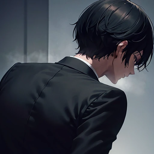 man,short black hair,black eye,black suit,black shirt,soft lighting, volumetric lighting, intricate details, hyper detailed,(extremely fine and beautiful), (perfect details),semi side view, from behind, half body
