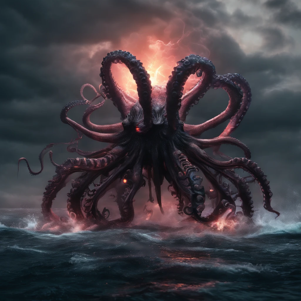 (Giant octopus monster), Cthul mythical creature (glowing light eyes: 1.5), with her mouth open, a winter and spring, extremly high detail, (high brightness: 1.5), 4K, unreal 5 render, Best quality at best, tmasterview, render with octane, looks extremely dangerous, Its huge body is shocking, Its huge body is exposed to the sea, Partial, There are many ships on the sea, (Black smoke looms: 1.5), (glowing effect: 1.3),((Light particles)),Unable to see the whole body clearly, desperate and scary, The atmosphere is oppressive, Spectacular, Hero swings sword, Fight back bravely, real face