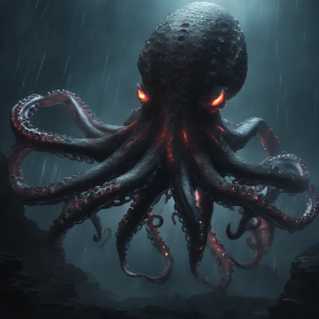 (Giant octopus monster), Cthul mythical creature (glowing light eyes: 1.5), with her mouth open, a winter and spring, extremly high detail, (high brightness: 1.5), 4K, unreal 5 render, Best quality at best, tmasterview, render with octane, looks extremely dangerous, Its huge body is shocking, Its huge body is exposed to the sea, Partial, There are many ships on the sea, (Black smoke looms: 1.5), (glowing effect: 1.3),((Light particles)),Unable to see the whole body clearly, desperate and scary, The atmosphere is oppressive, Spectacular, Hero swings sword, Fight back bravely, real  face