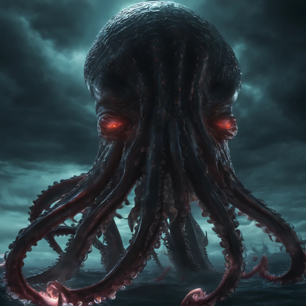 (Giant octopus monster), Cthul mythical creature (glowing light eyes: 1.5), with her mouth open, a winter and spring, extremly high detail, (high brightness: 1.5), 4K, unreal 5 render, Best quality at best, tmasterview, render with octane, looks extremely dangerous, Its huge body is shocking, Its huge body is exposed to the sea, Partial, There are many ships on the sea, (Black smoke looms: 1.5), (glowing effect: 1.3),((Light particles)),Unable to see the whole body clearly, desperate and scary, The atmosphere is oppressive, Spectacular, Hero swings sword, Fight back bravely, real face