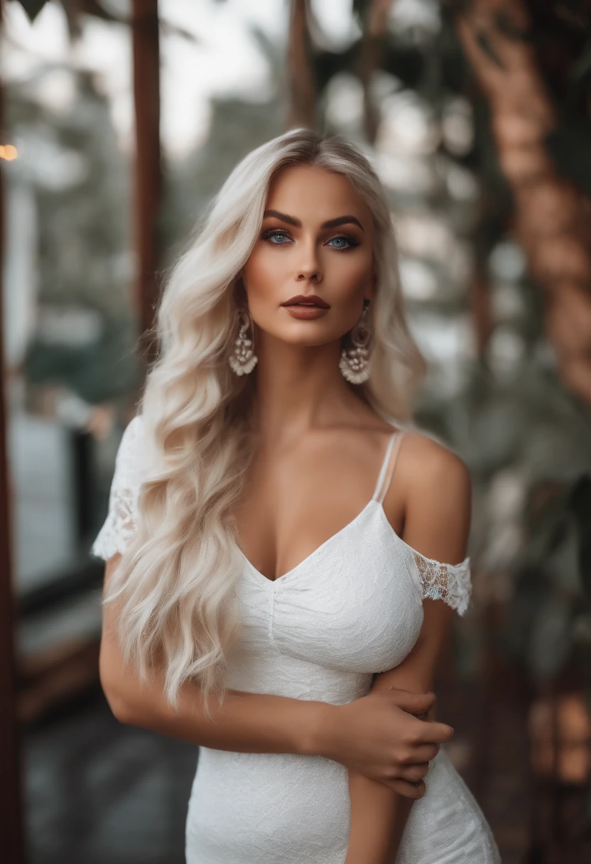 realistic white female instagram influencer, best quality, blonde, 1 girl, blue eyes, in white tight short dress