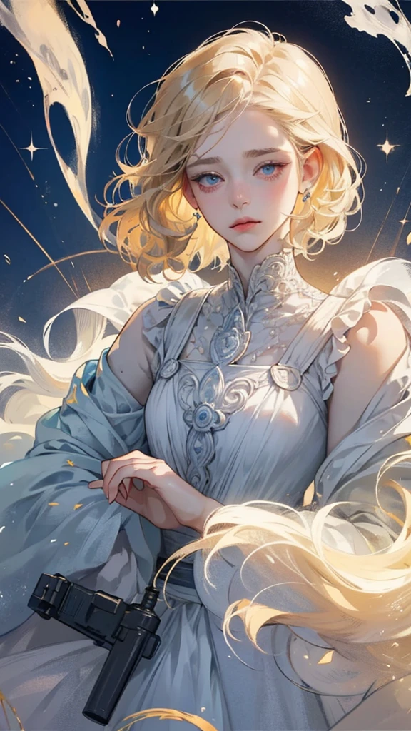 highest quality, pale skin, (face and eyes detail: 1.2), 1 girl, very delicate and beautiful girl, light blond, wavy short hair, blue eyes, snub nose, (slightly childish appearance), ((very beautiful)), ( freckles: 0.7), curls, science fiction, suffering, pain, despair, death, time.